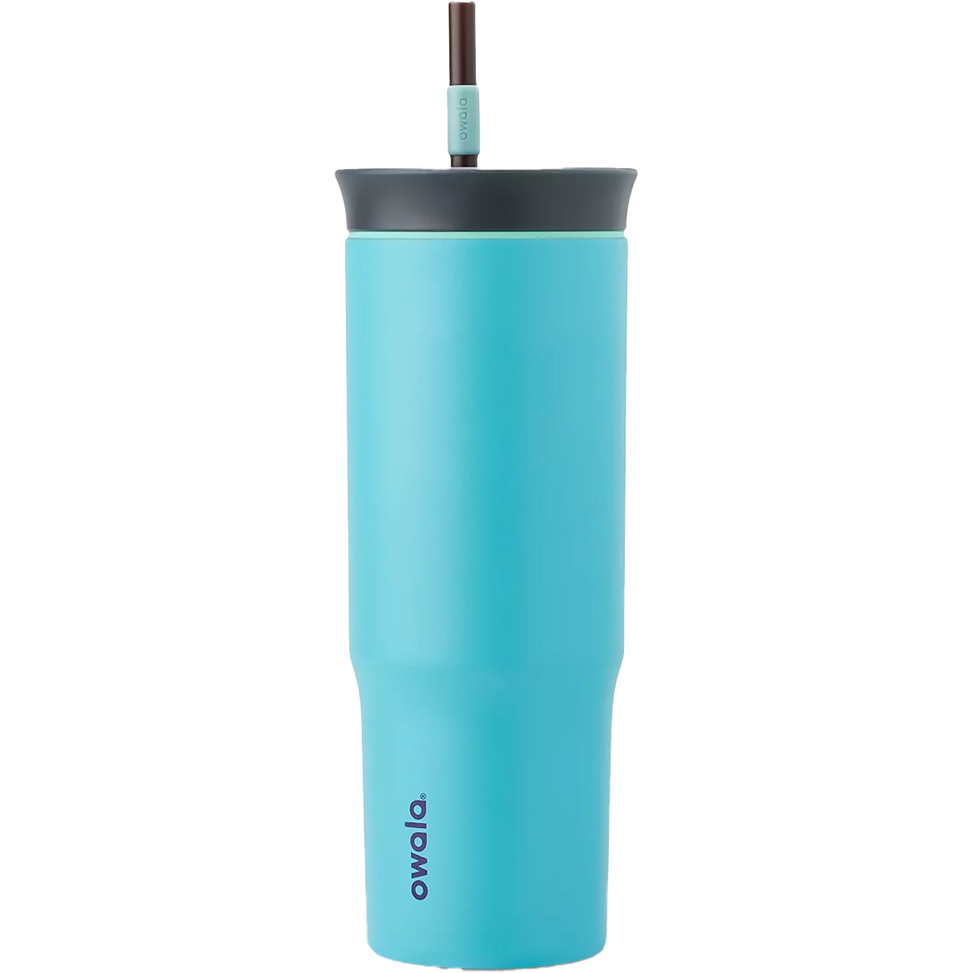 Blue tumbler with black lid and straw on a white background