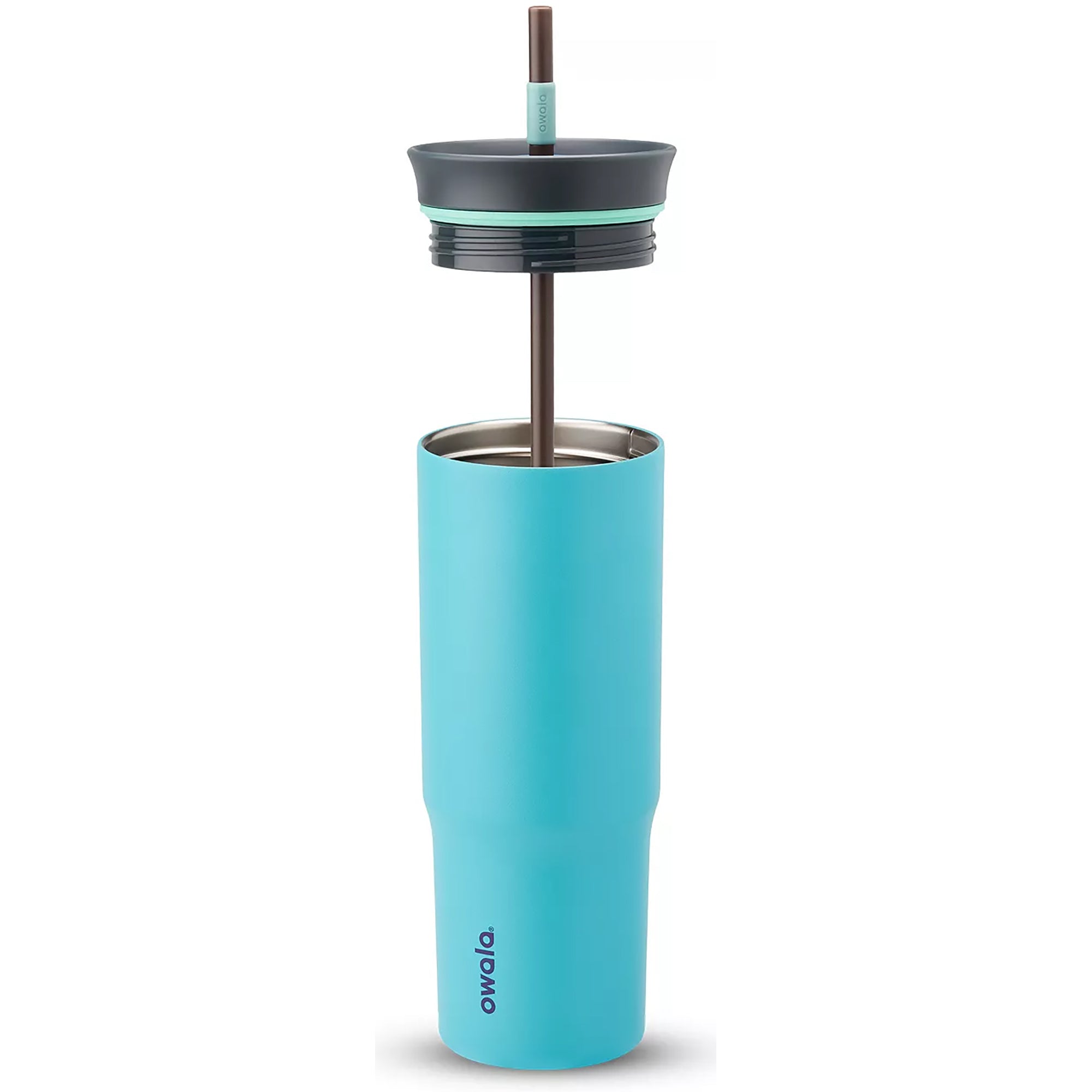 Turquoise tumbler with black lid and straw on a white background
