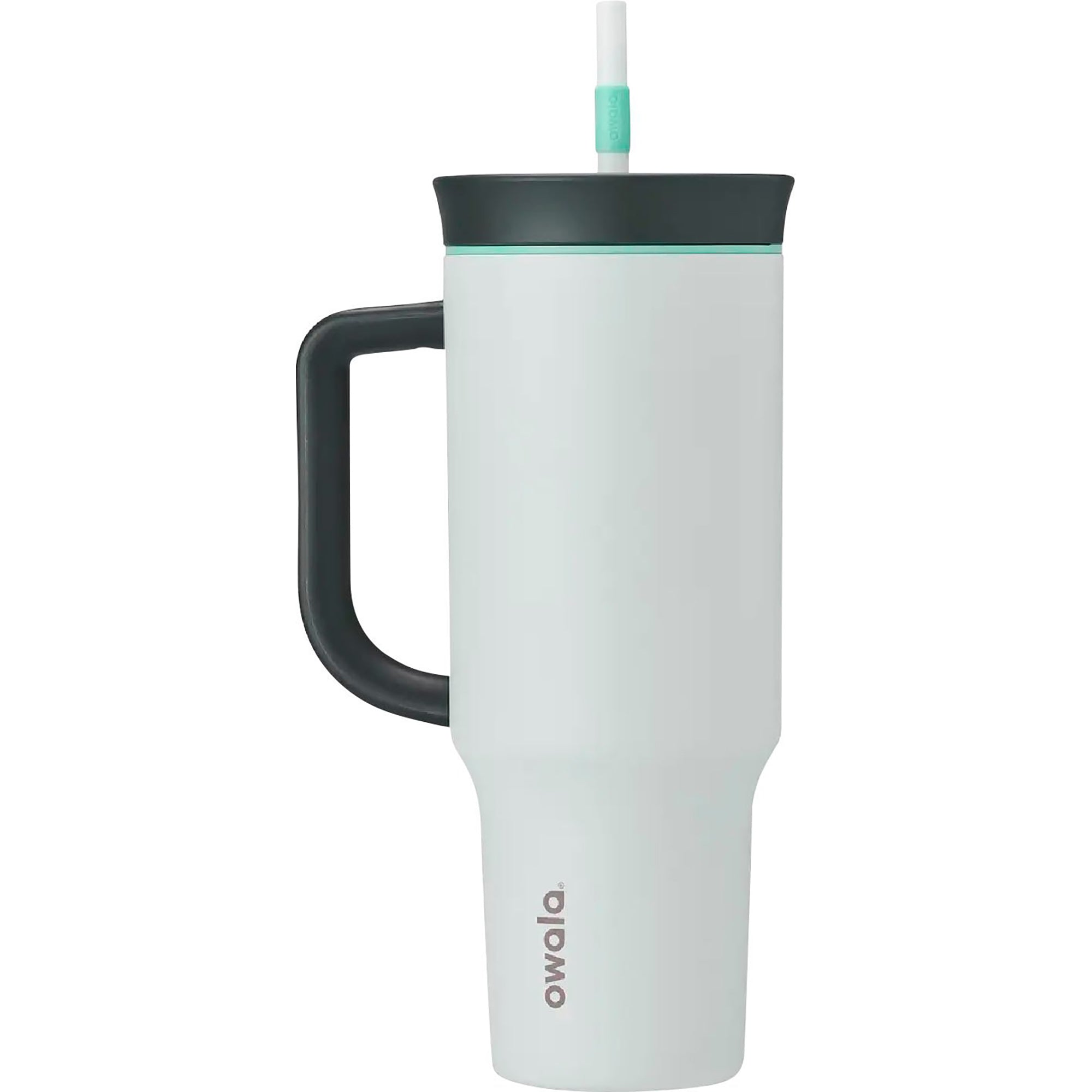 White mug with black handle and teal lid on a white background