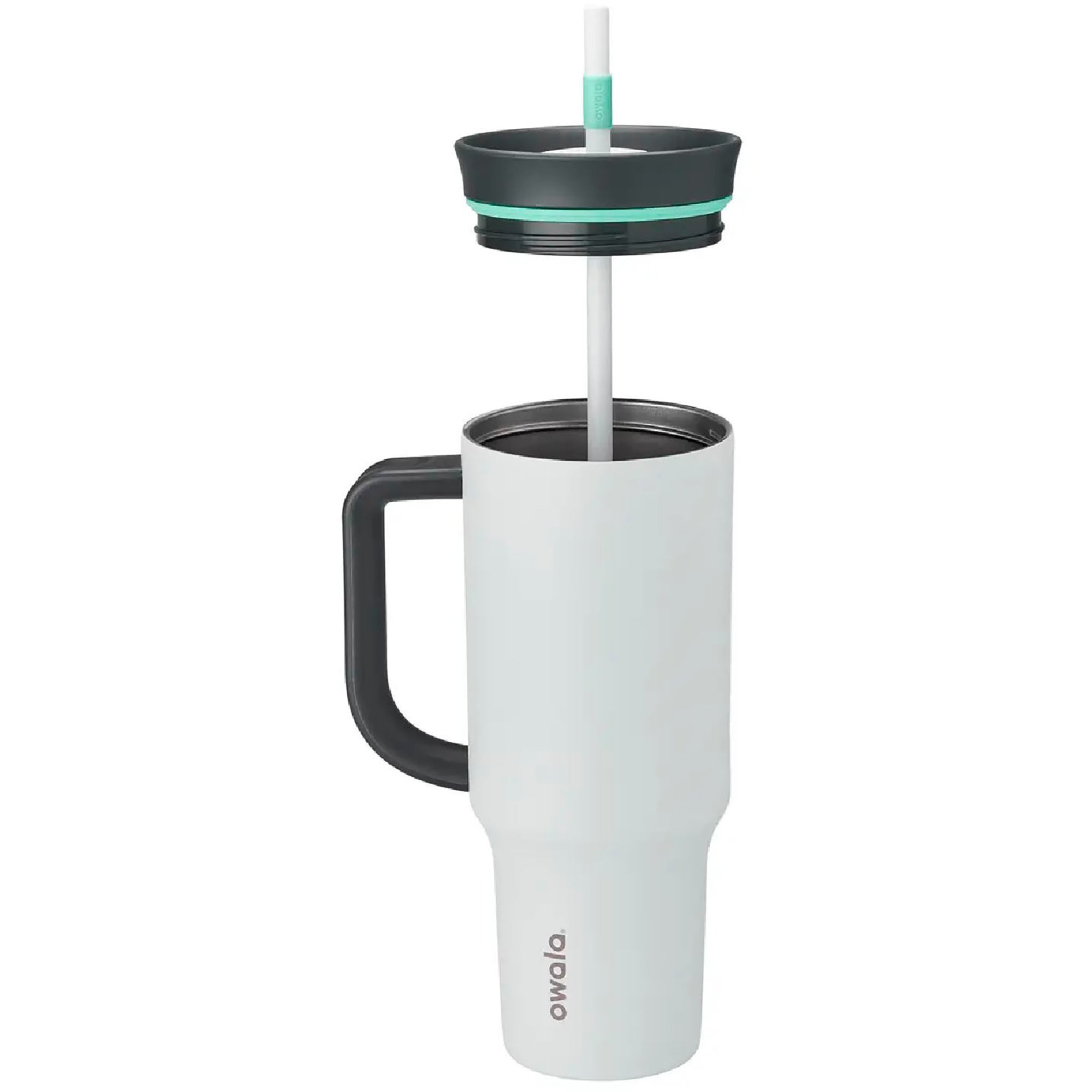 White travel mug with black handle and lid, featuring a straw, on a white background.