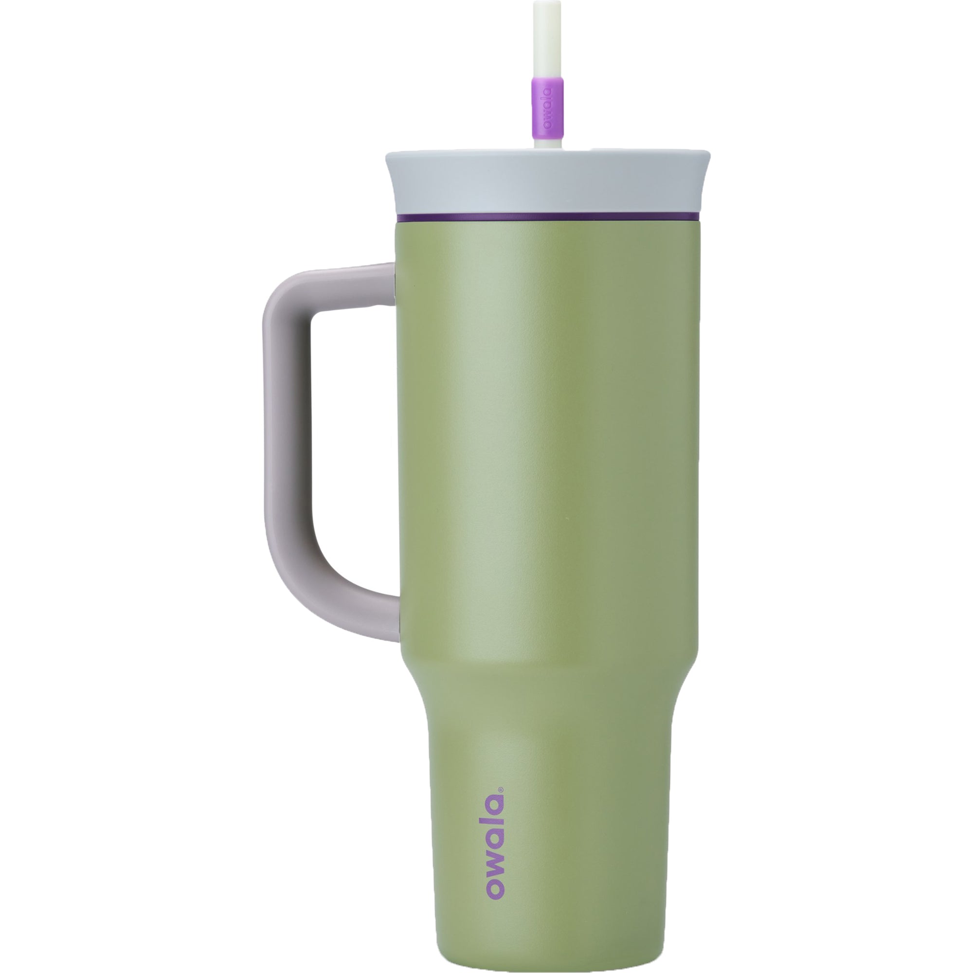 Green insulated mug with handle and straw on a white background