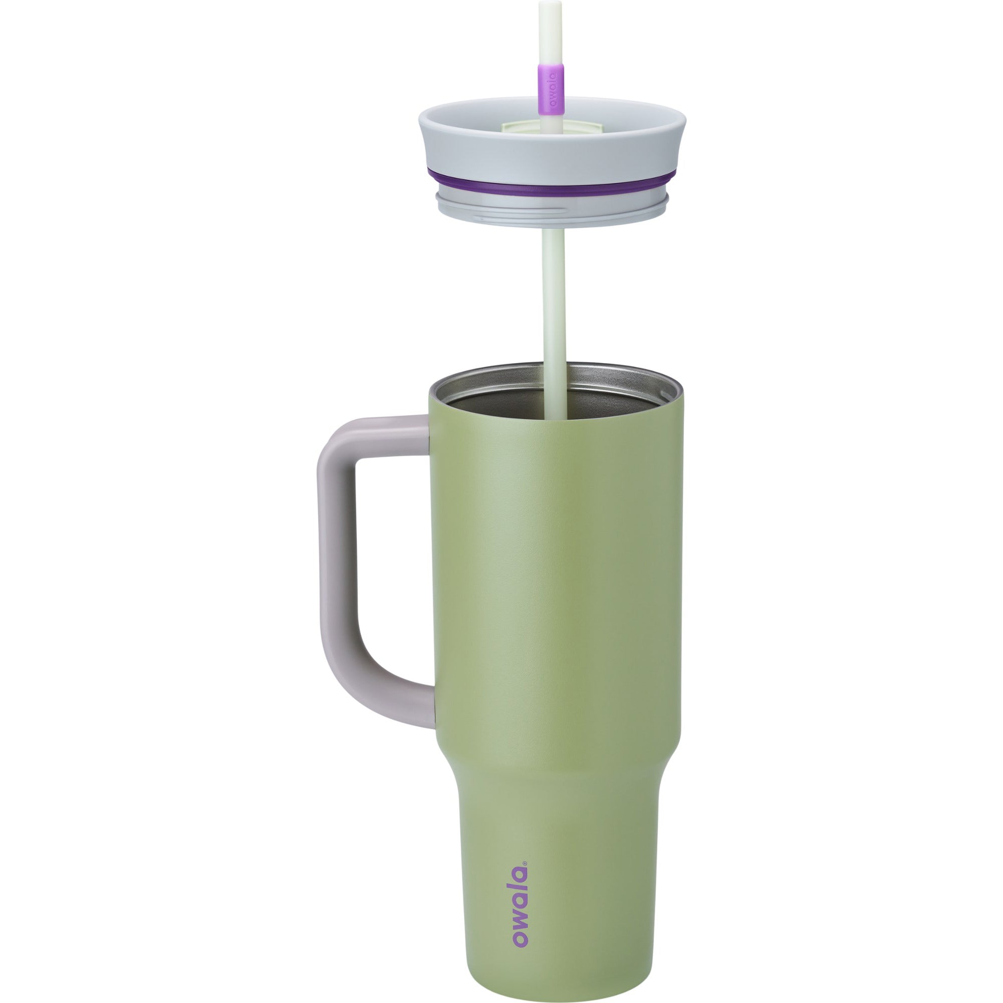 Green insulated mug with a gray handle and purple lid on a white background