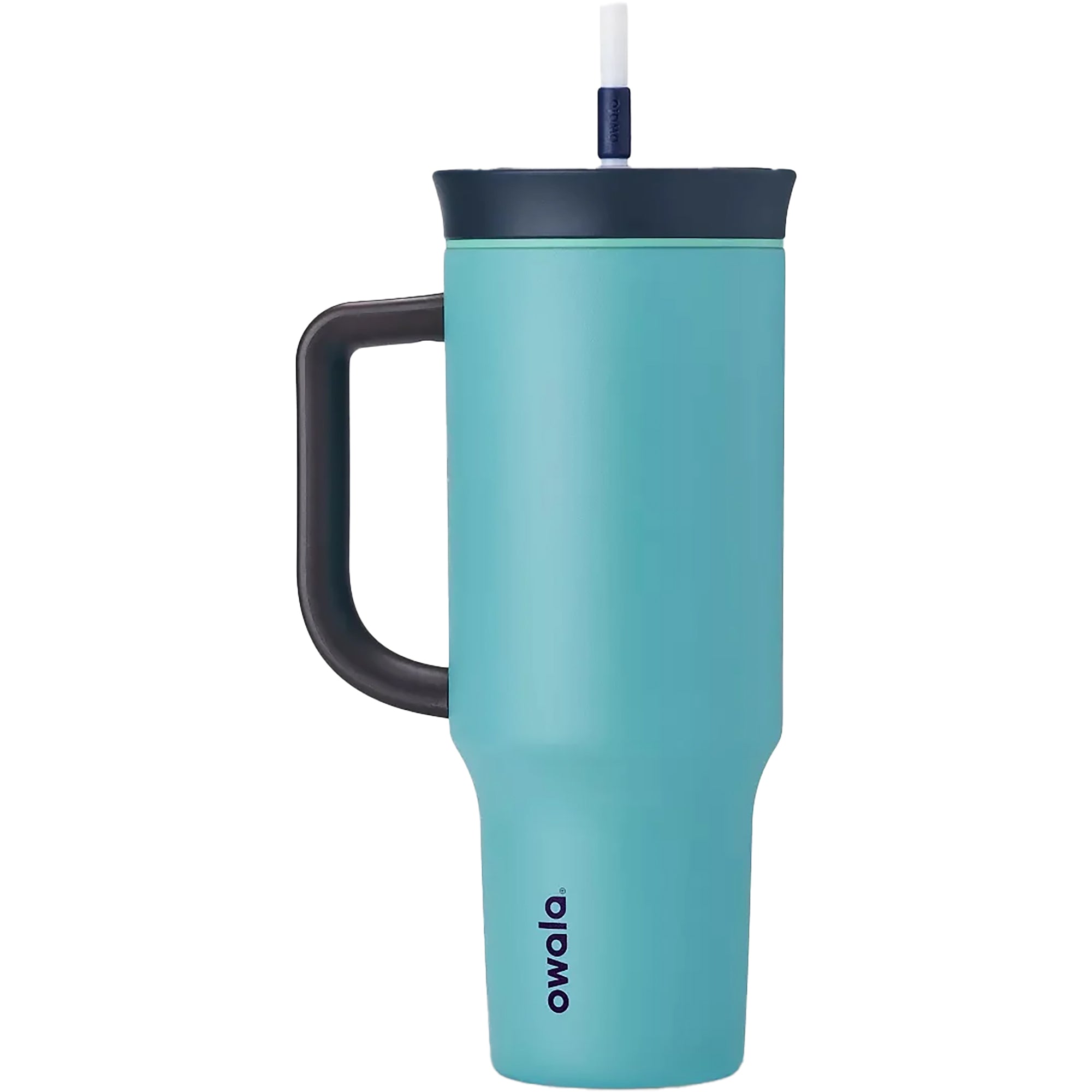 Teal insulated tumbler with handle and straw lid on a white background