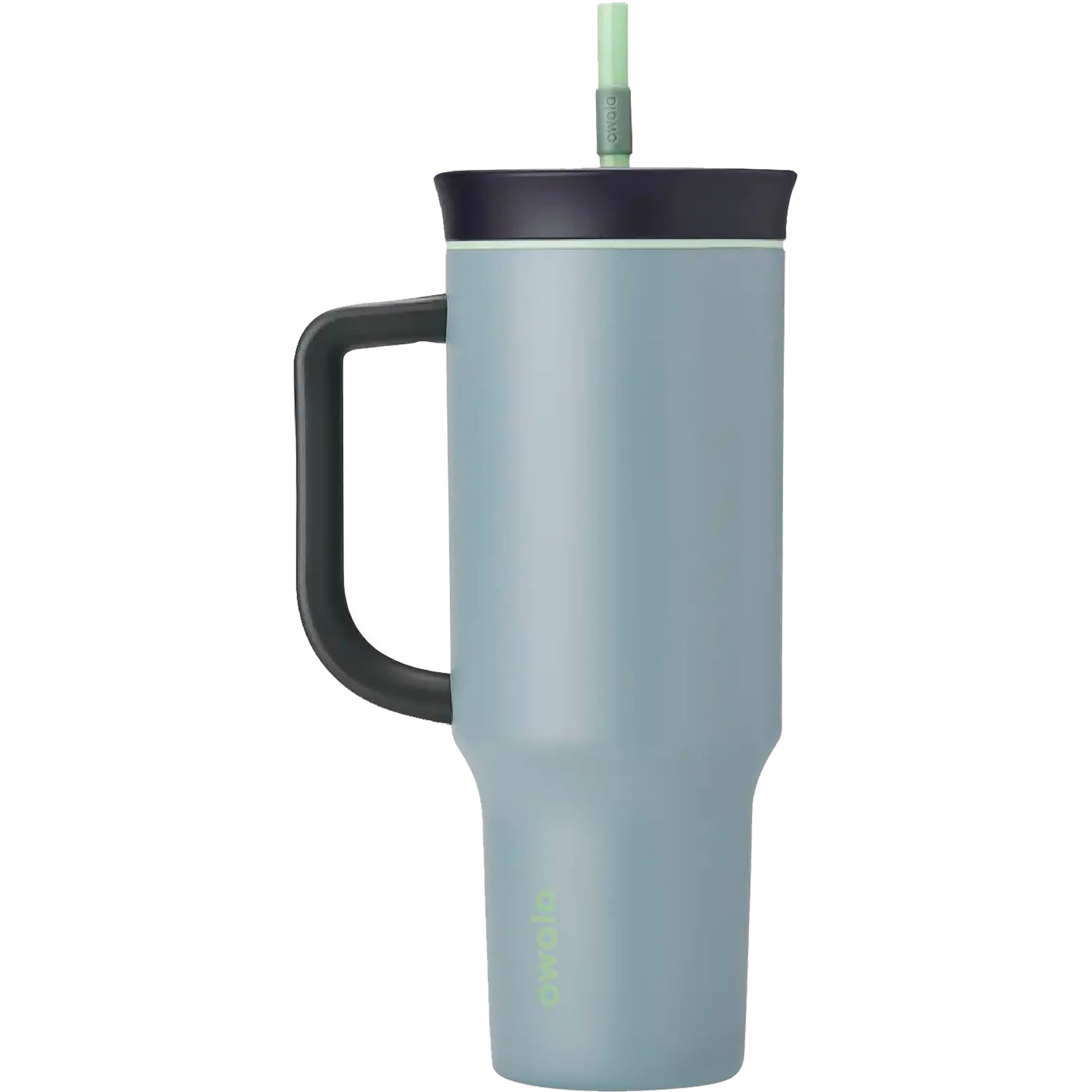 Blue insulated tumbler with a black handle and straw on a white background