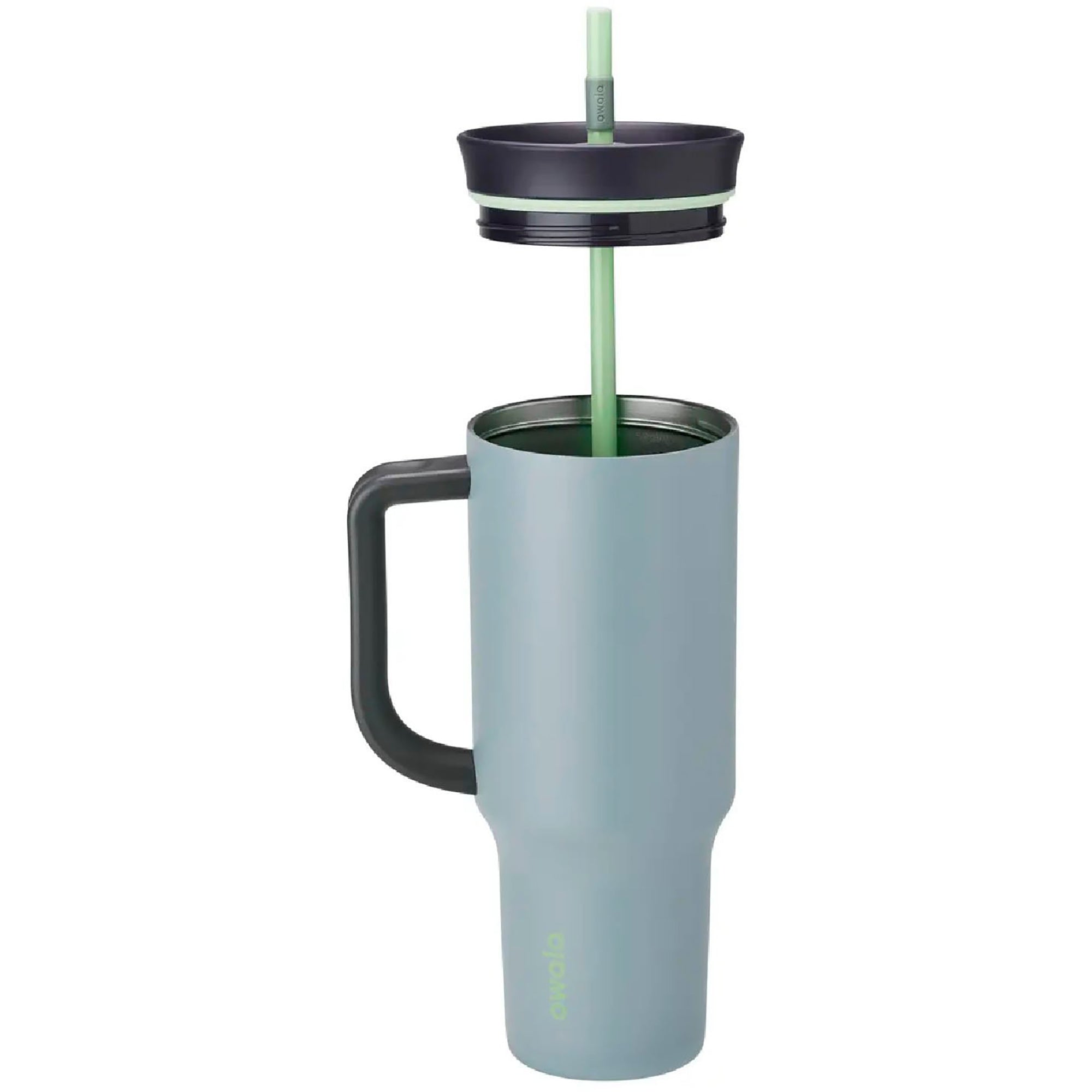 Gray insulated mug with black handle and lid, green straw on a white background