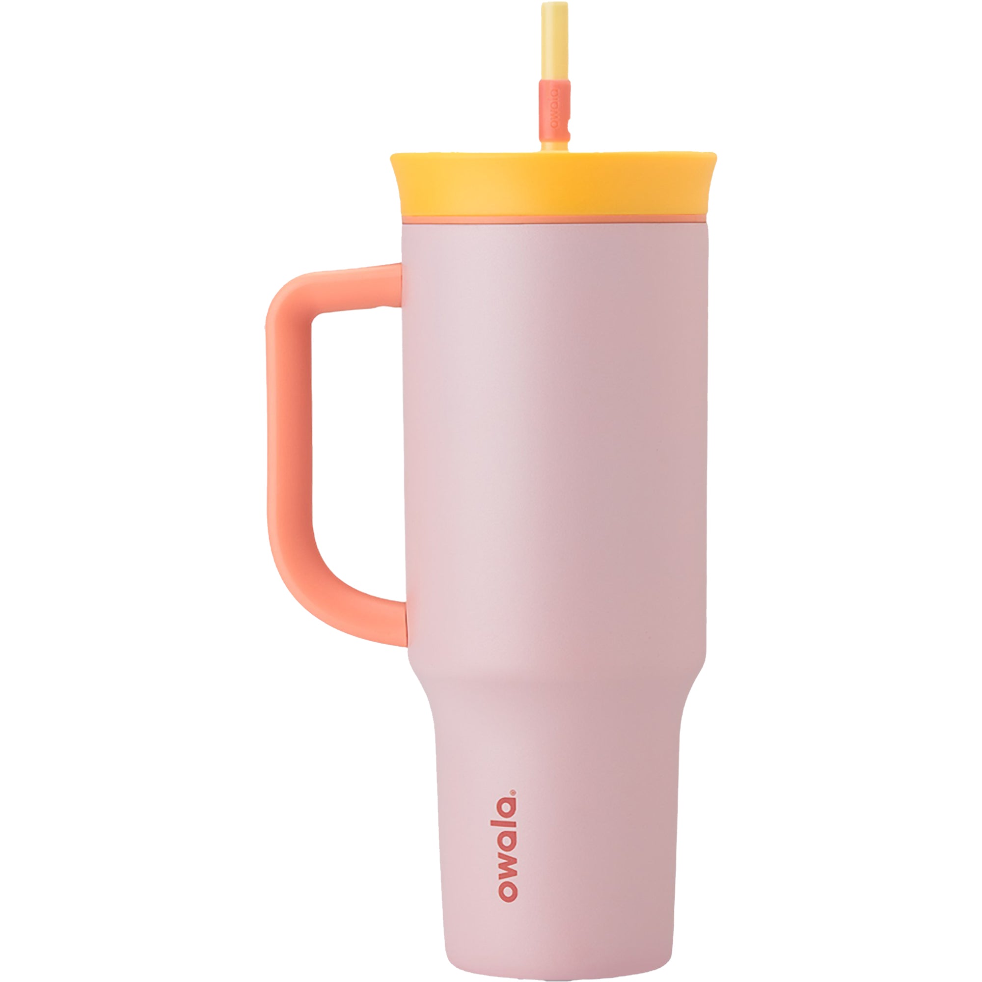 Pink insulated tumbler with a handle and straw on a white background