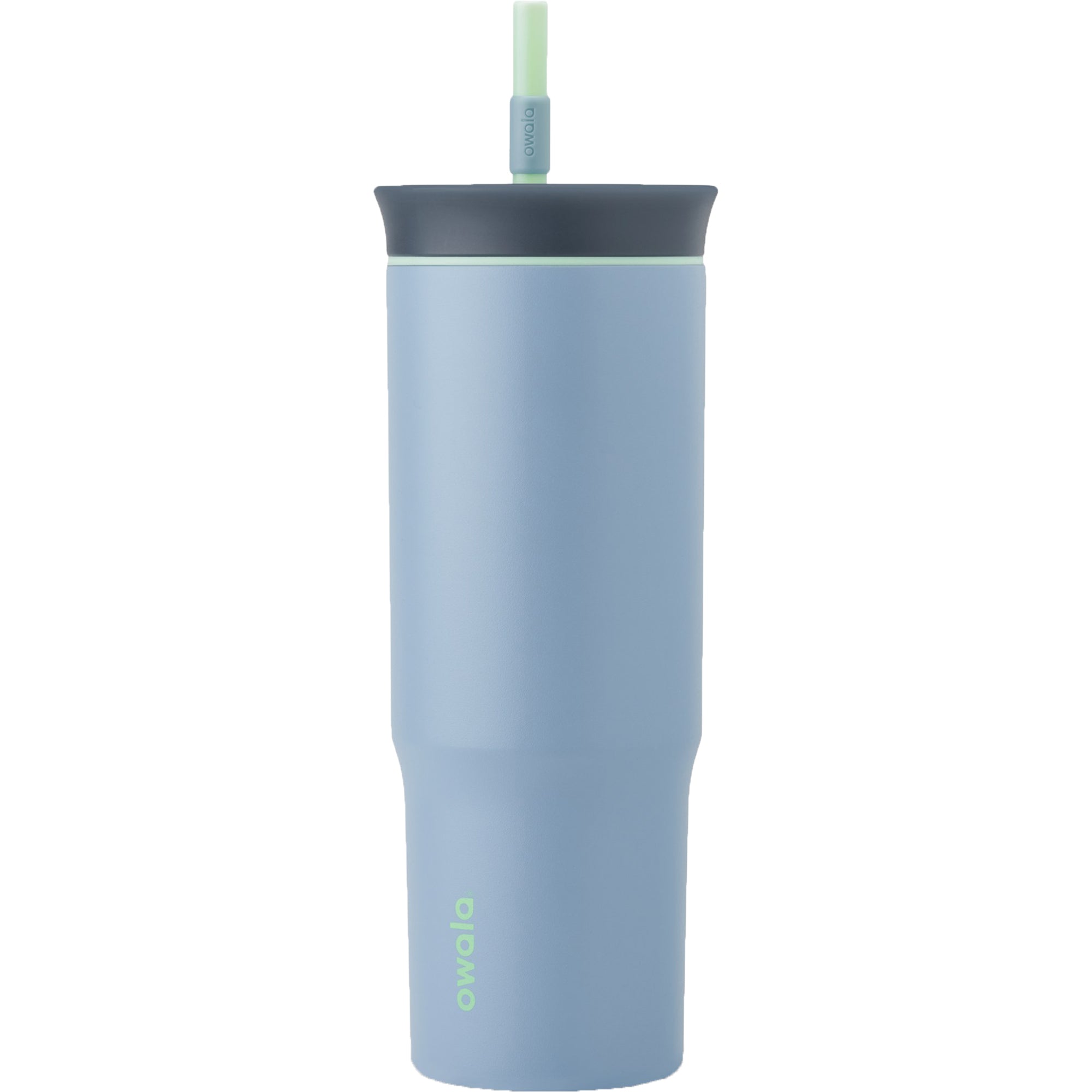 Light blue tumbler with a dark gray lid and straw on a white background