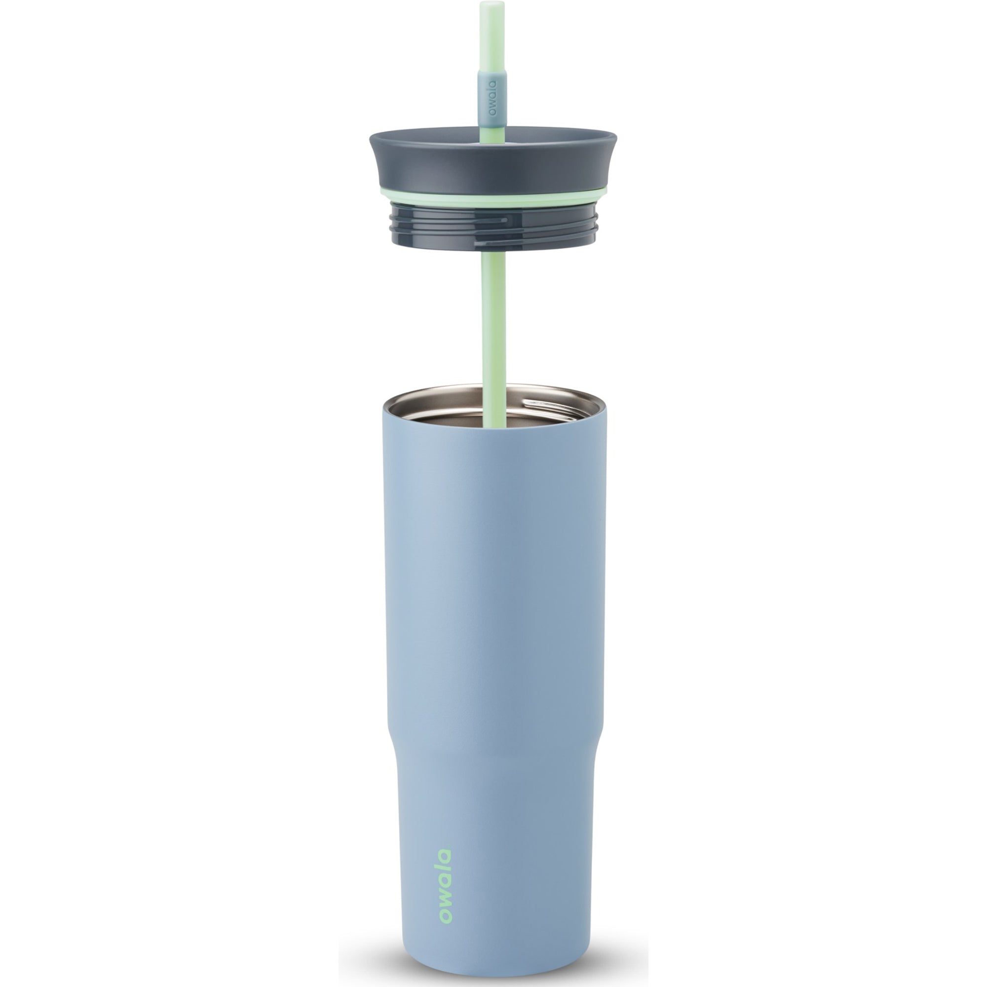 Blue tumbler with a straw on a white background