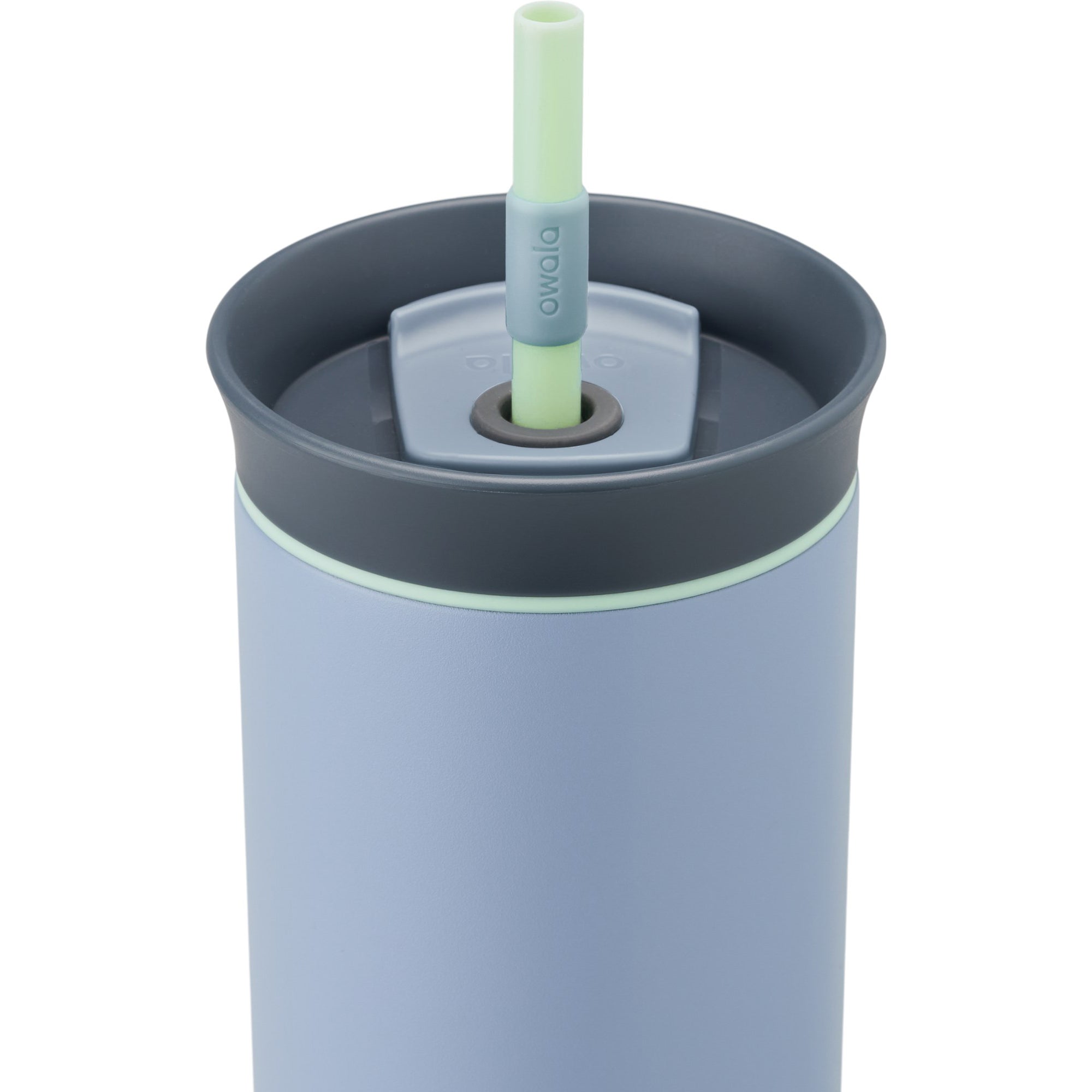 Gray tumbler with a green straw on a white background