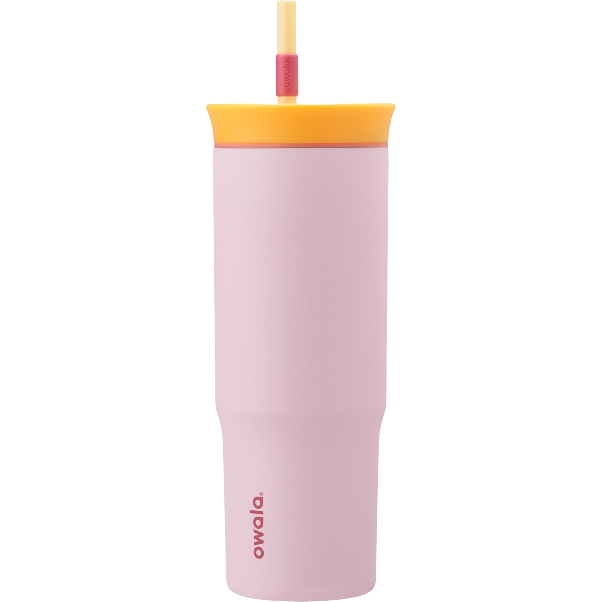 Pink tumbler with yellow lid and straw on a white background