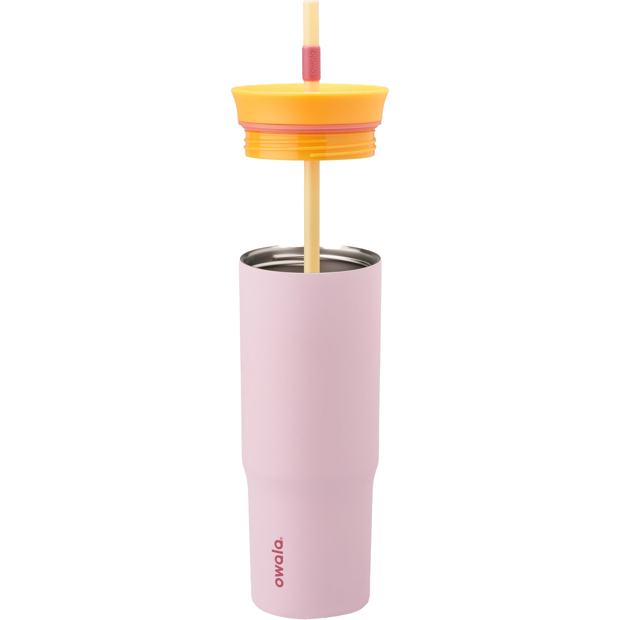 Pink tumbler with a yellow lid and straw on a white background