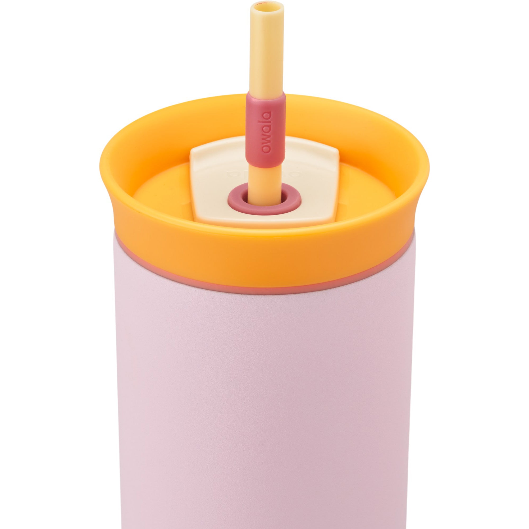 Pink tumbler with orange lid and straw on a white background