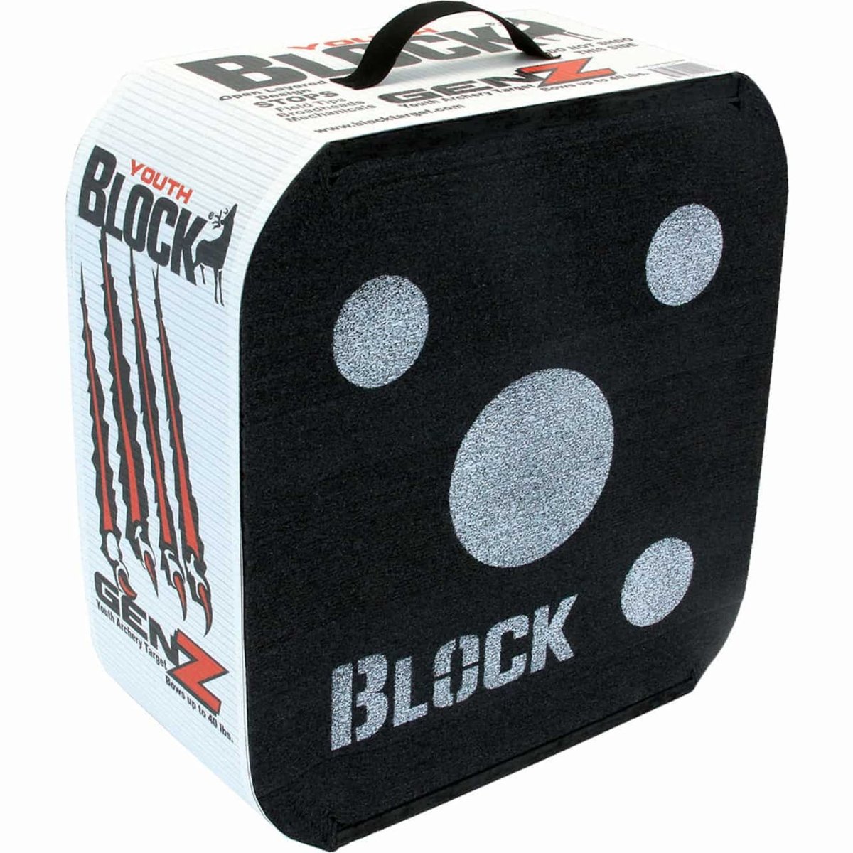 Black and white archery block target genz with 'Block' branding on a white background