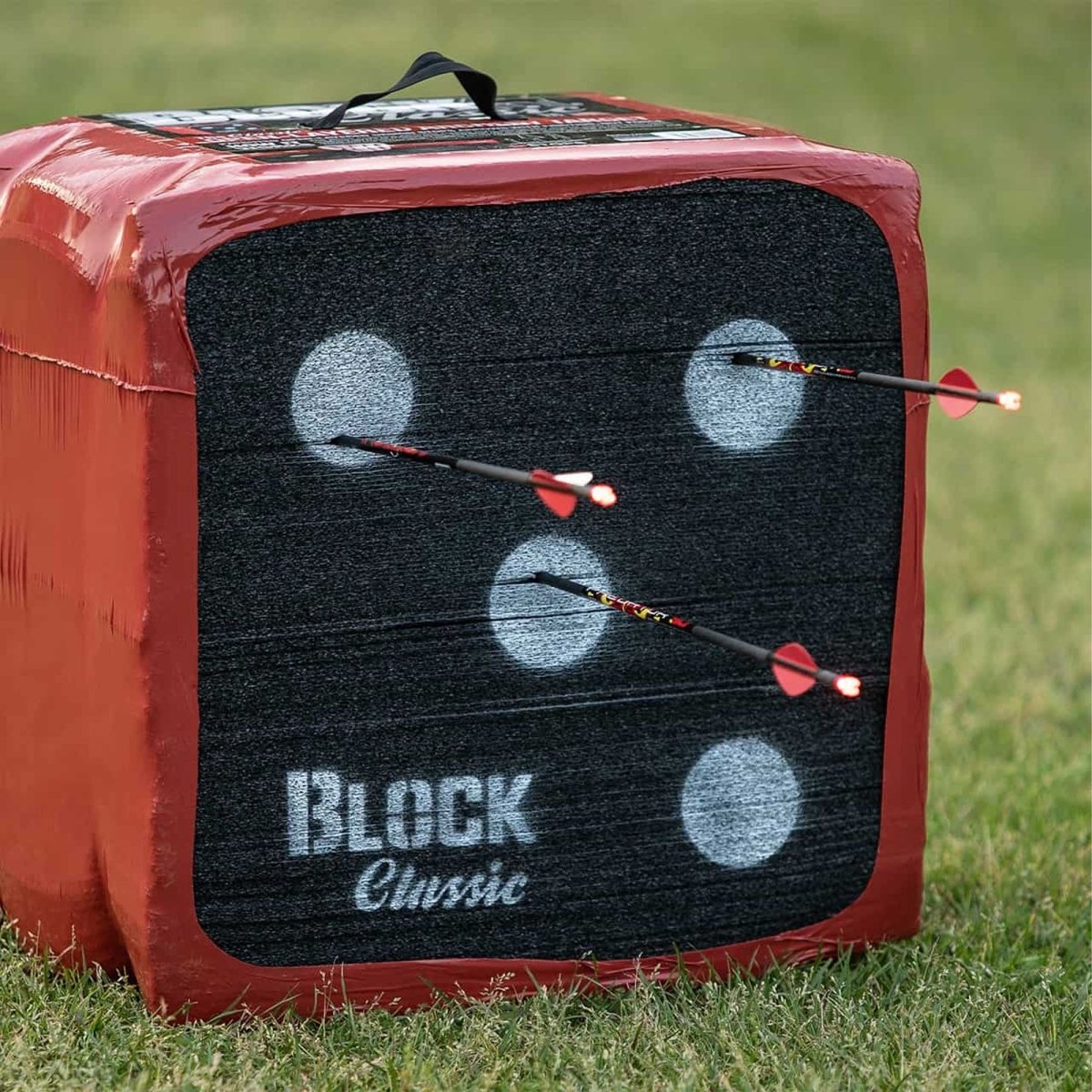 Archery target classic 18'' with 'Block Classic' branding on a grassy background