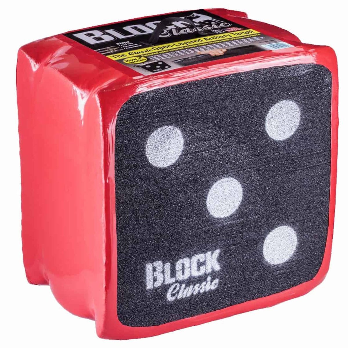 Red and black Block Target Classic 22" open-ended honeycomb block on a white background