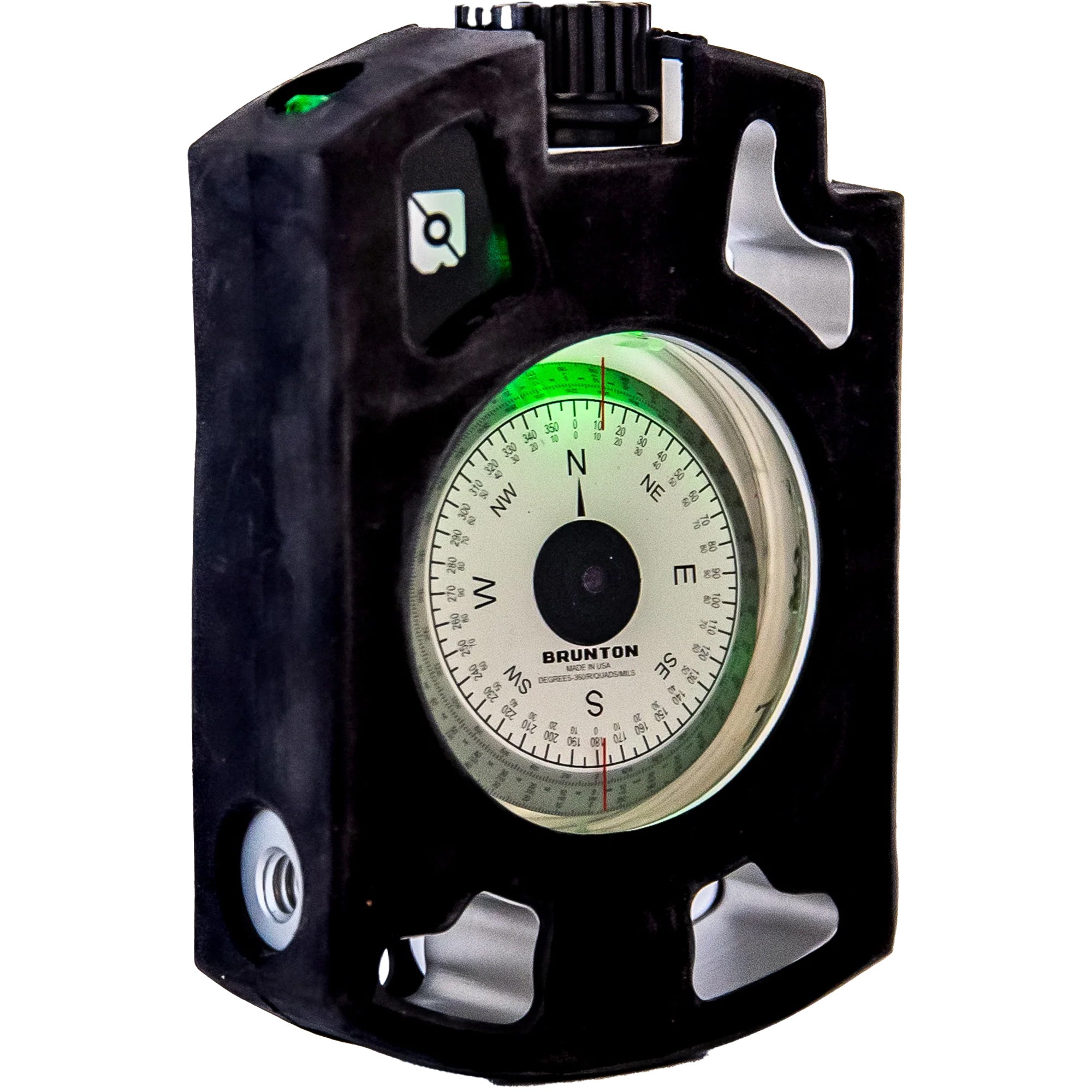 Black Brunton compass on a white background