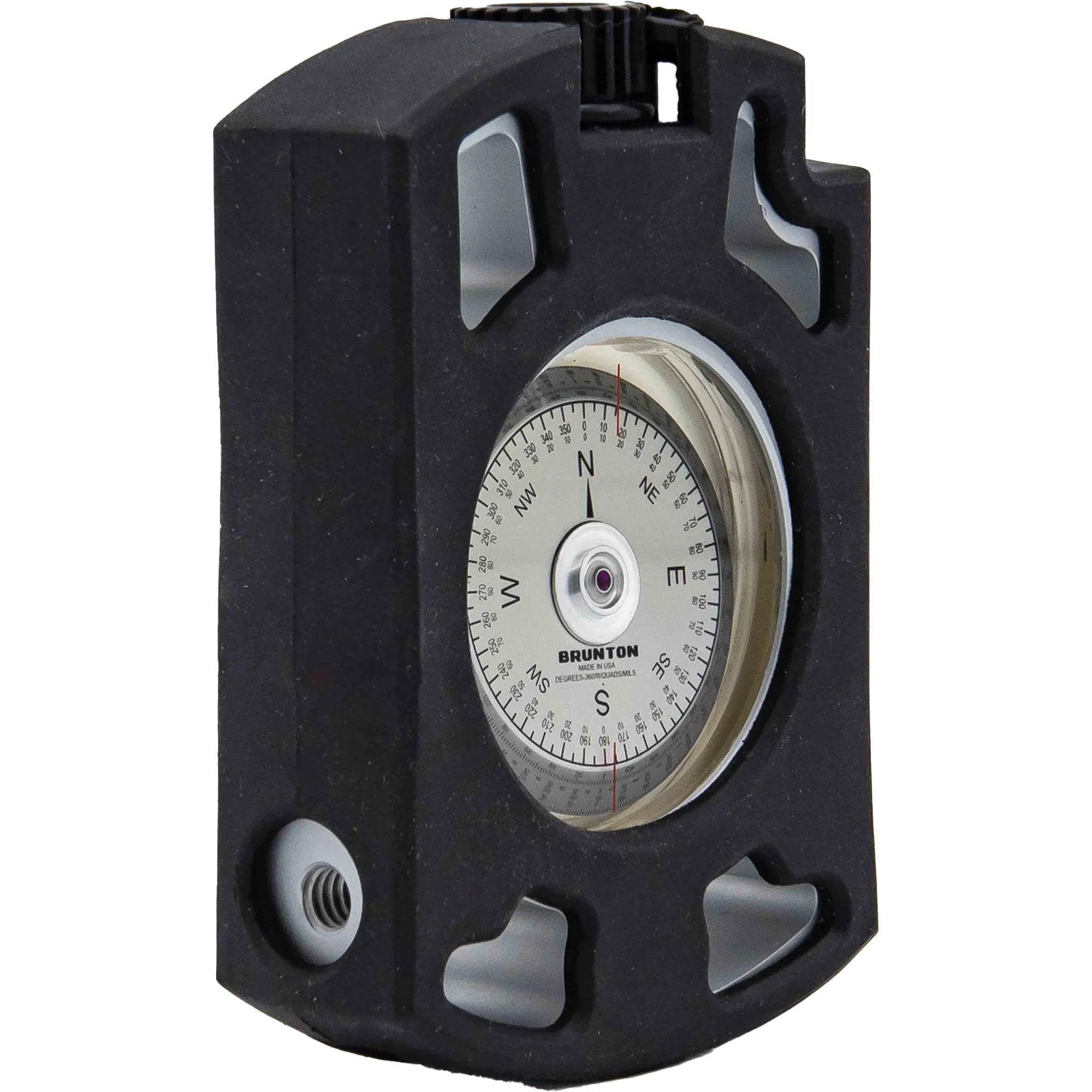 Black Brunton compass on a white background
