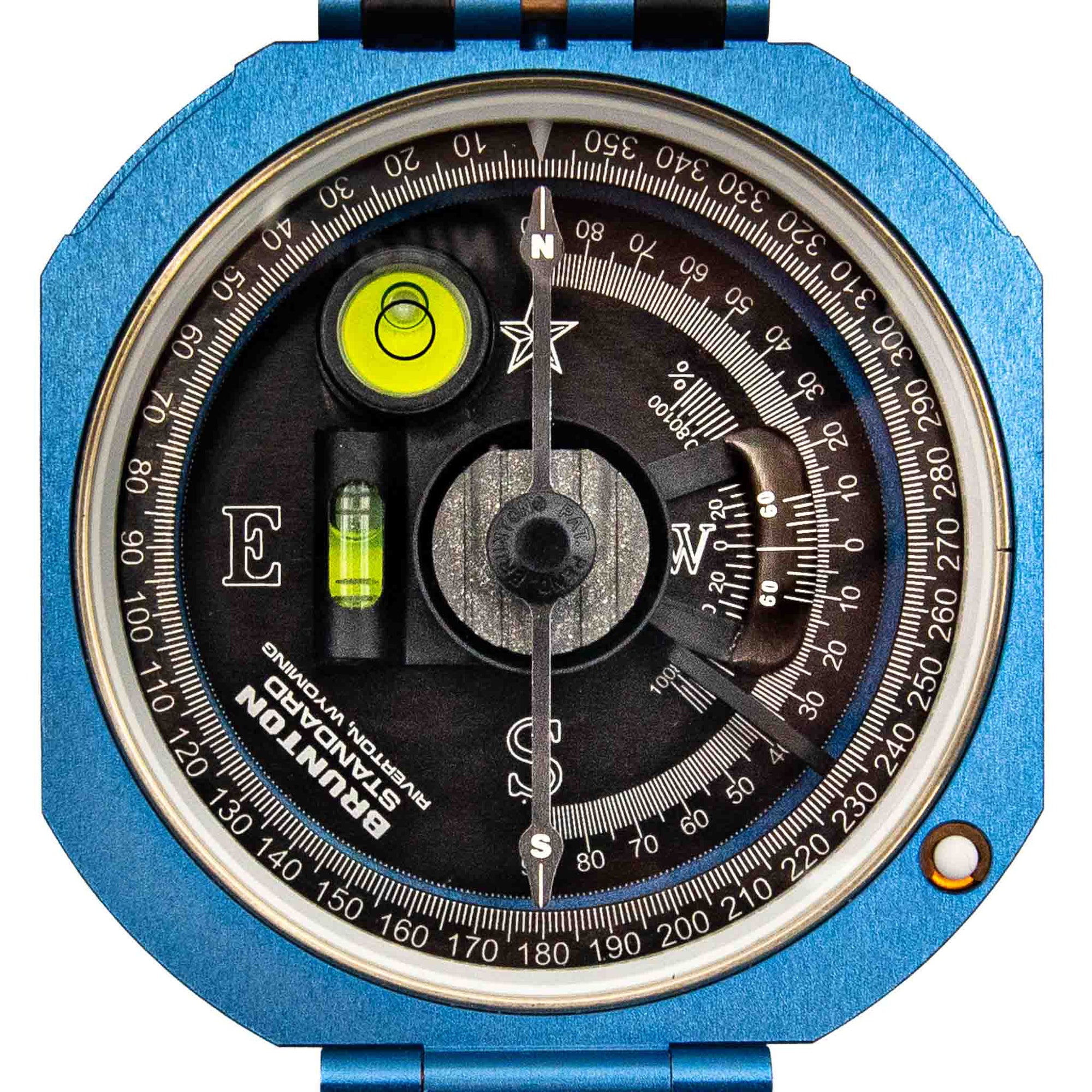 Blue compass with detailed markings on a white background