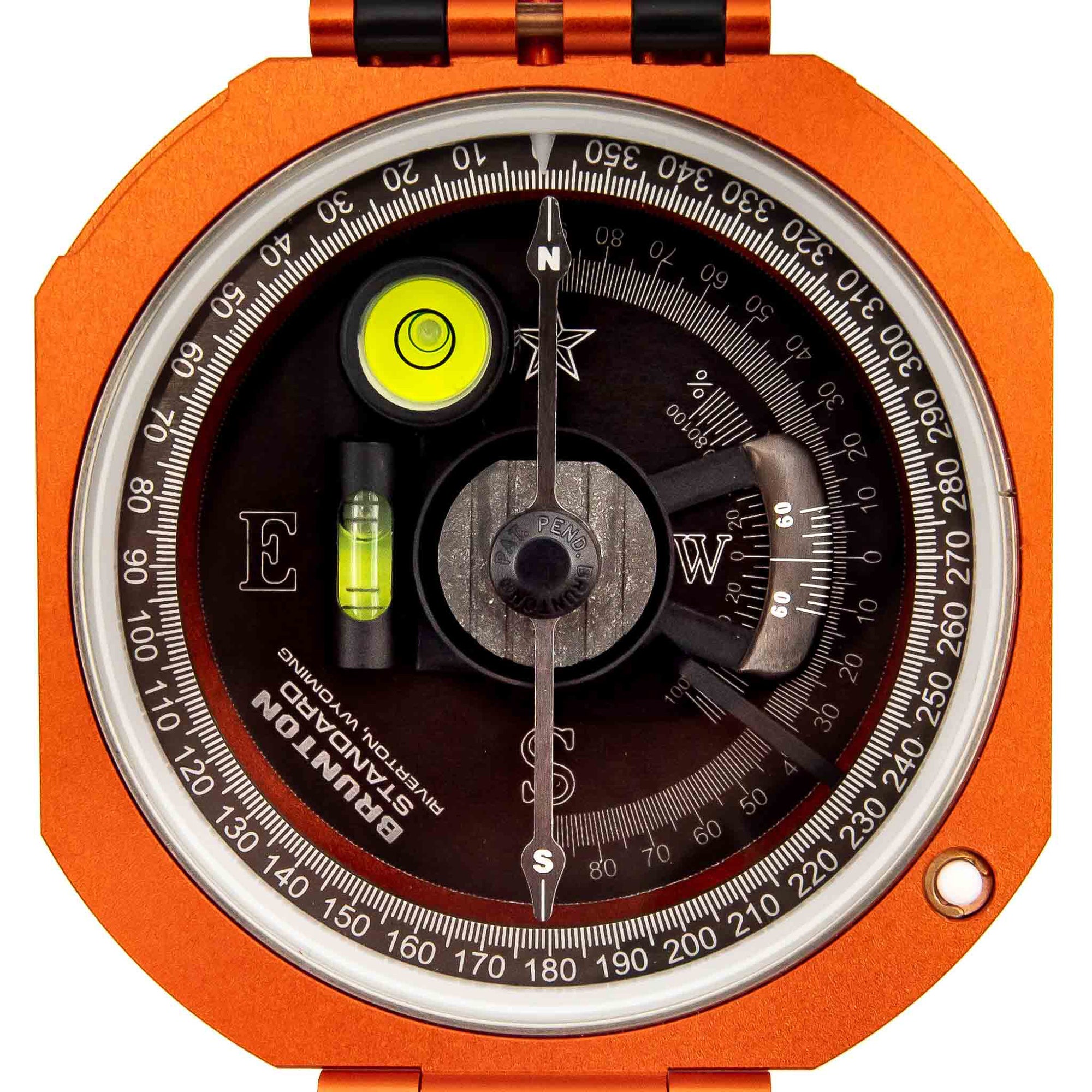 Orange compass with visible brand name on a white background