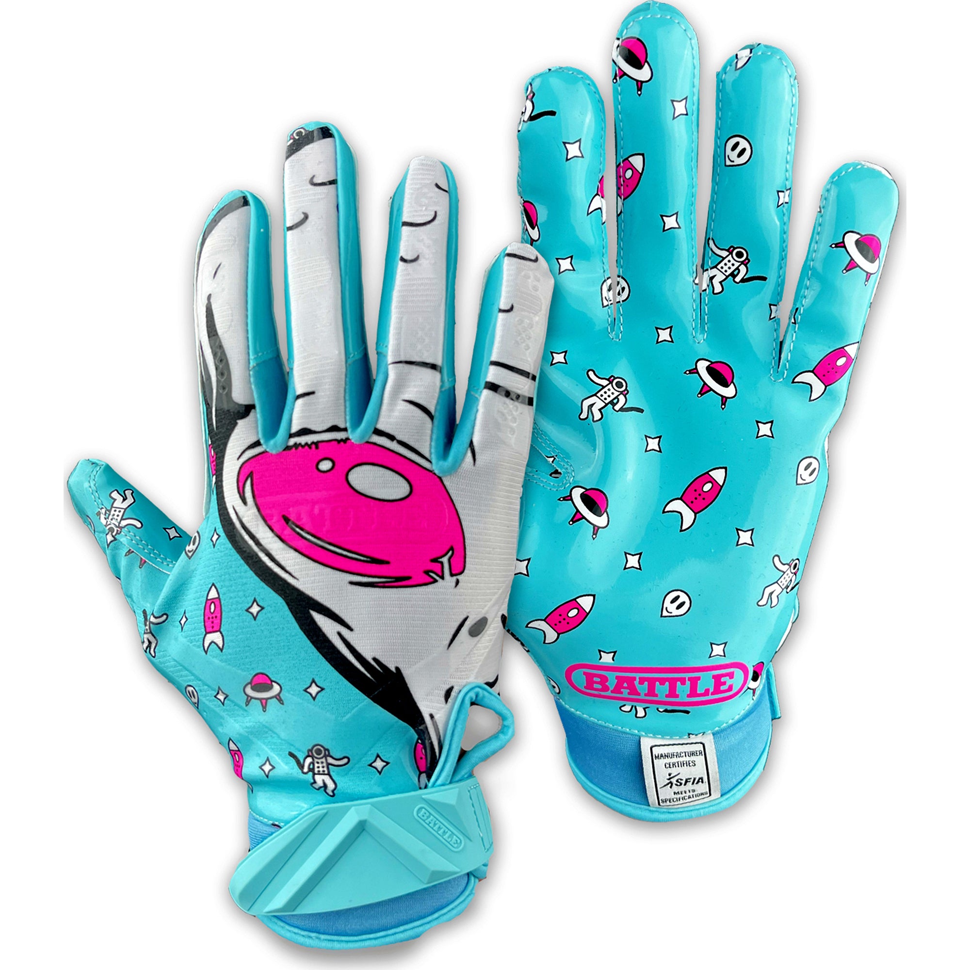 Pair of blue gloves with pink and white designs on a white background