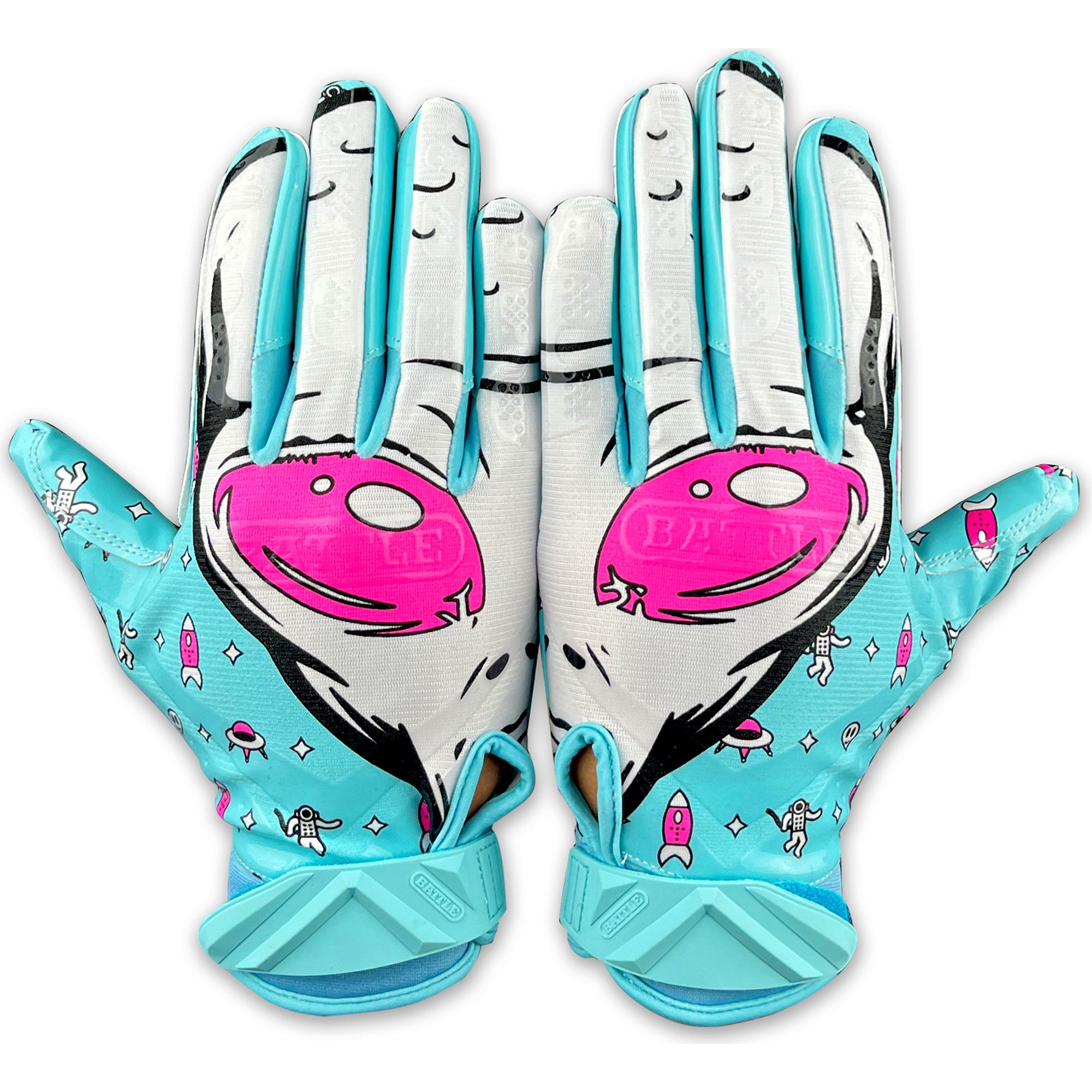 Pair of gloves with alien design on a white background