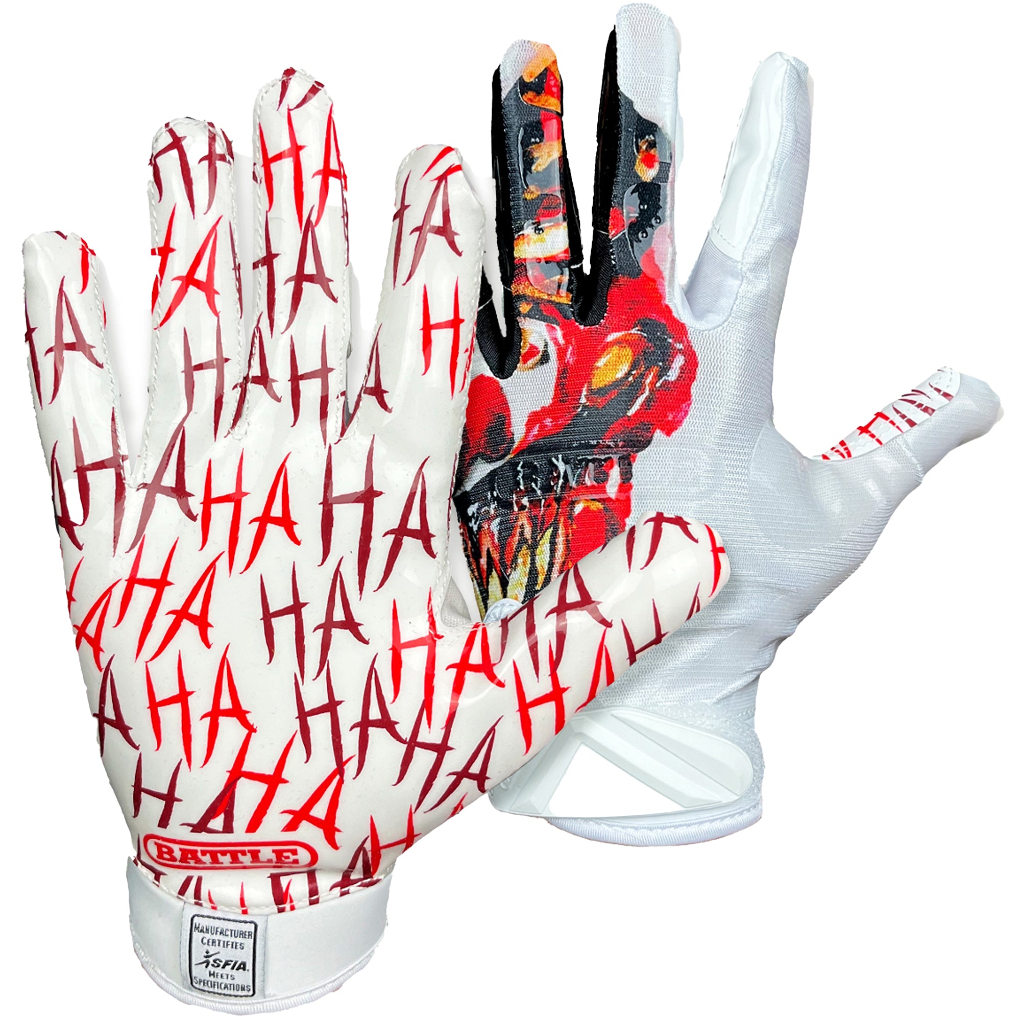 Pair of gloves with red text and black design on a white background