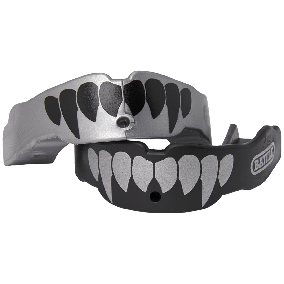 Black and gray mouthguard with a fierce design