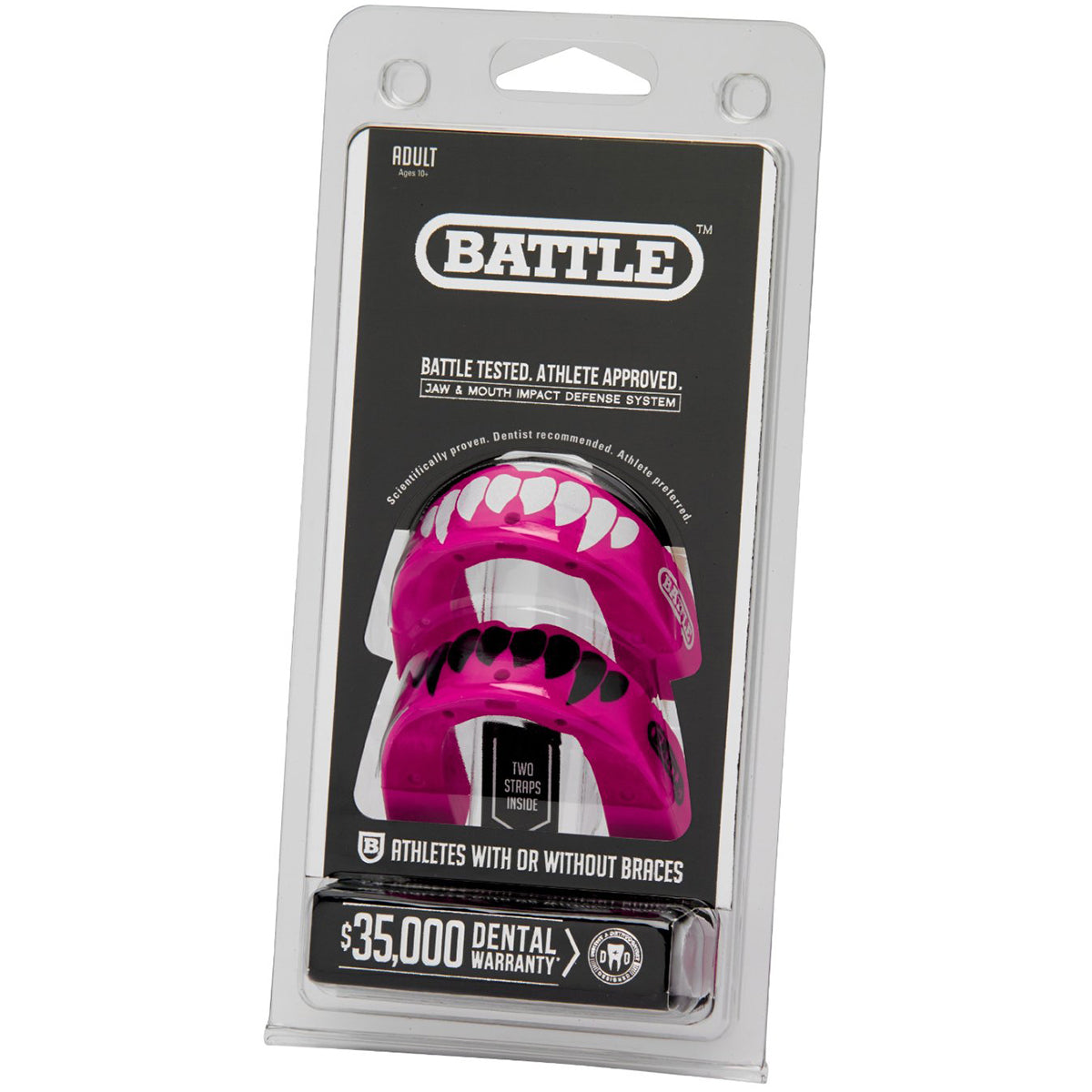 Packaged pink dental impact defense system with 'Battle' branding on a white background