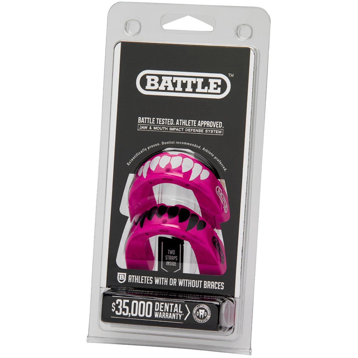 Packaged pink mouthguard with 'Battle' branding