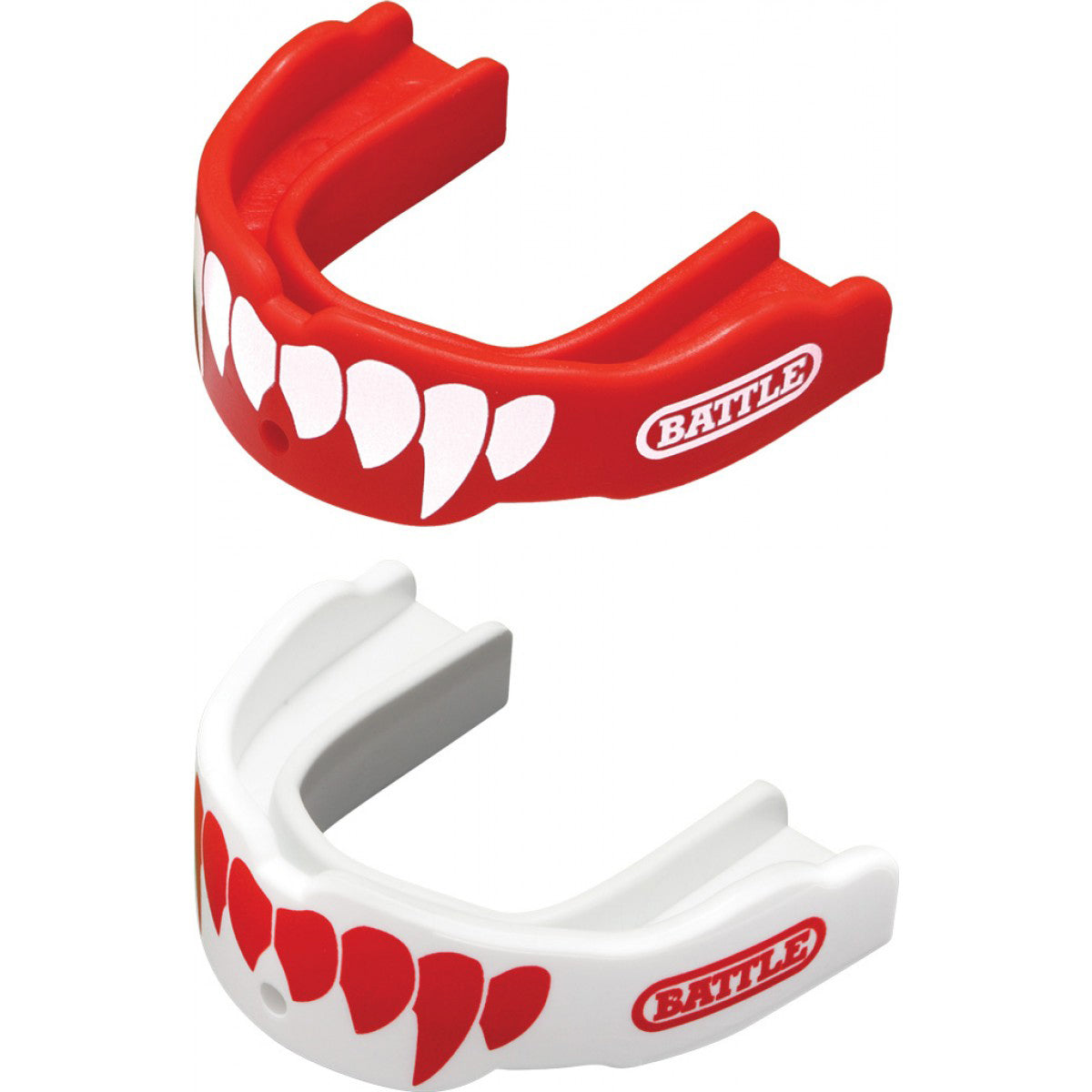 Red and white mouthguard with 'Battle' branding on a white background