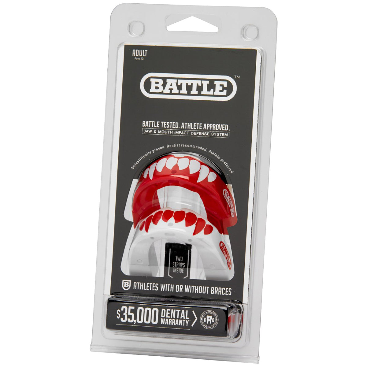 Packaged mouthguard with red and white design on a white background