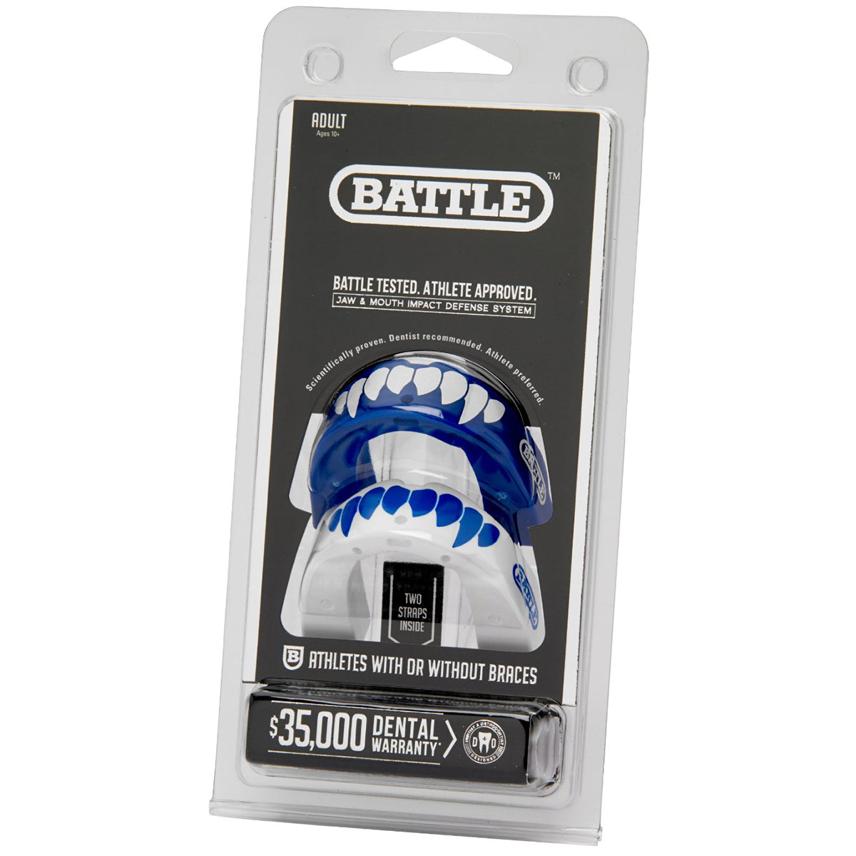 Packaged blue and white mouthguard with Battle brand branding on a white background