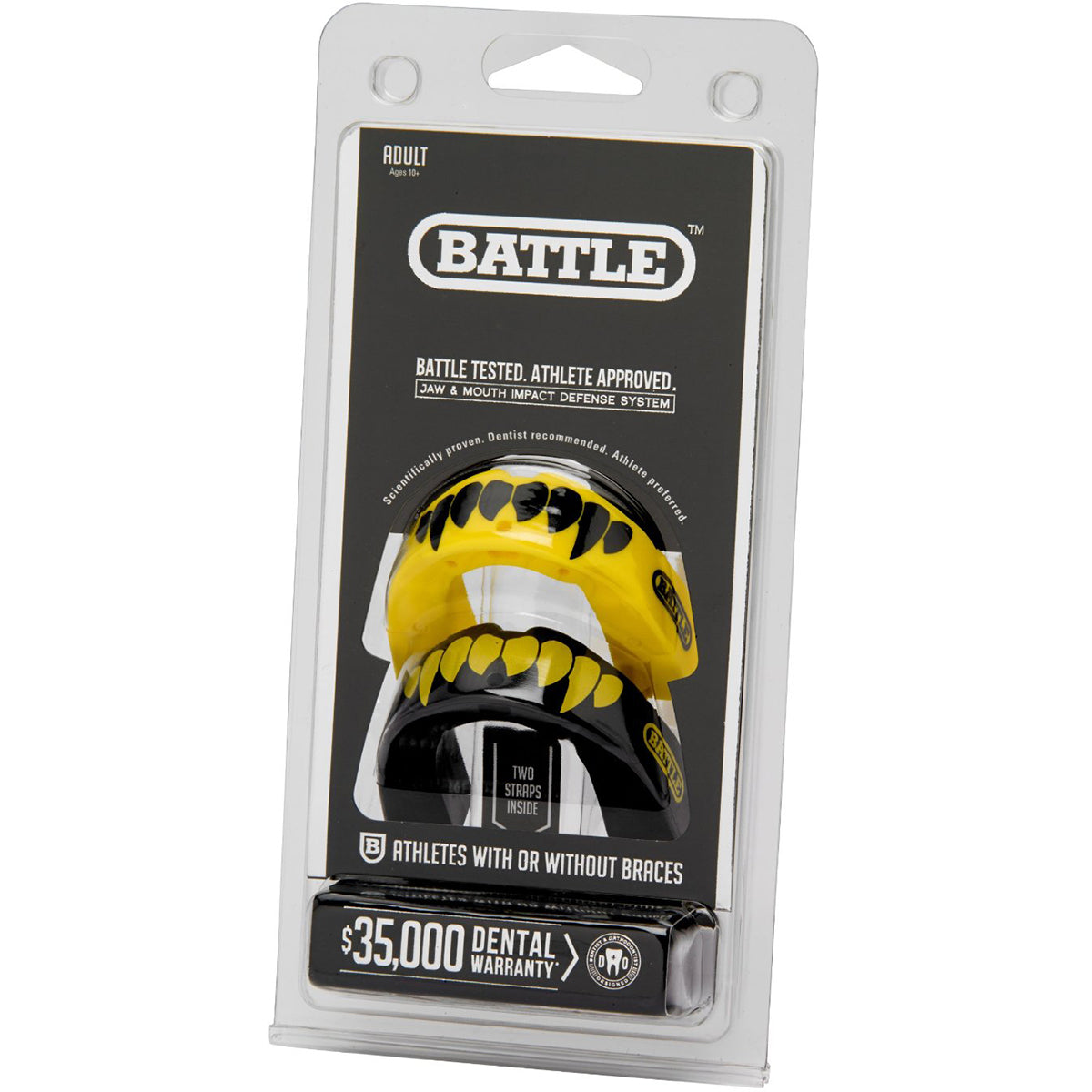 Yellow and black helmet in packaging with 'Battle' branding on a white background