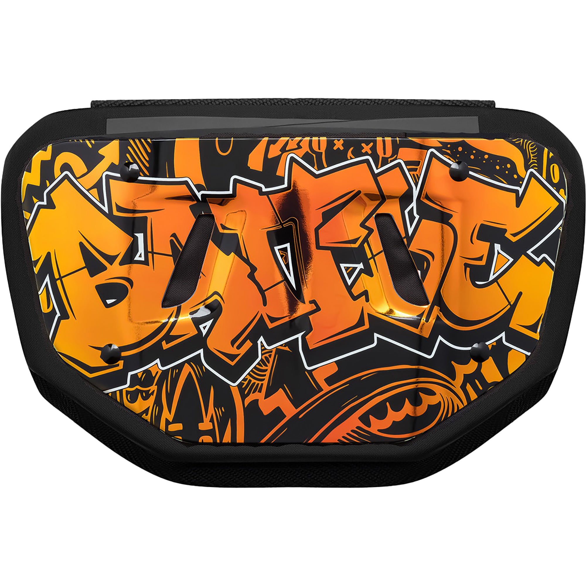 Black and orange chrome football back plate 'BATFUG' design on a white background