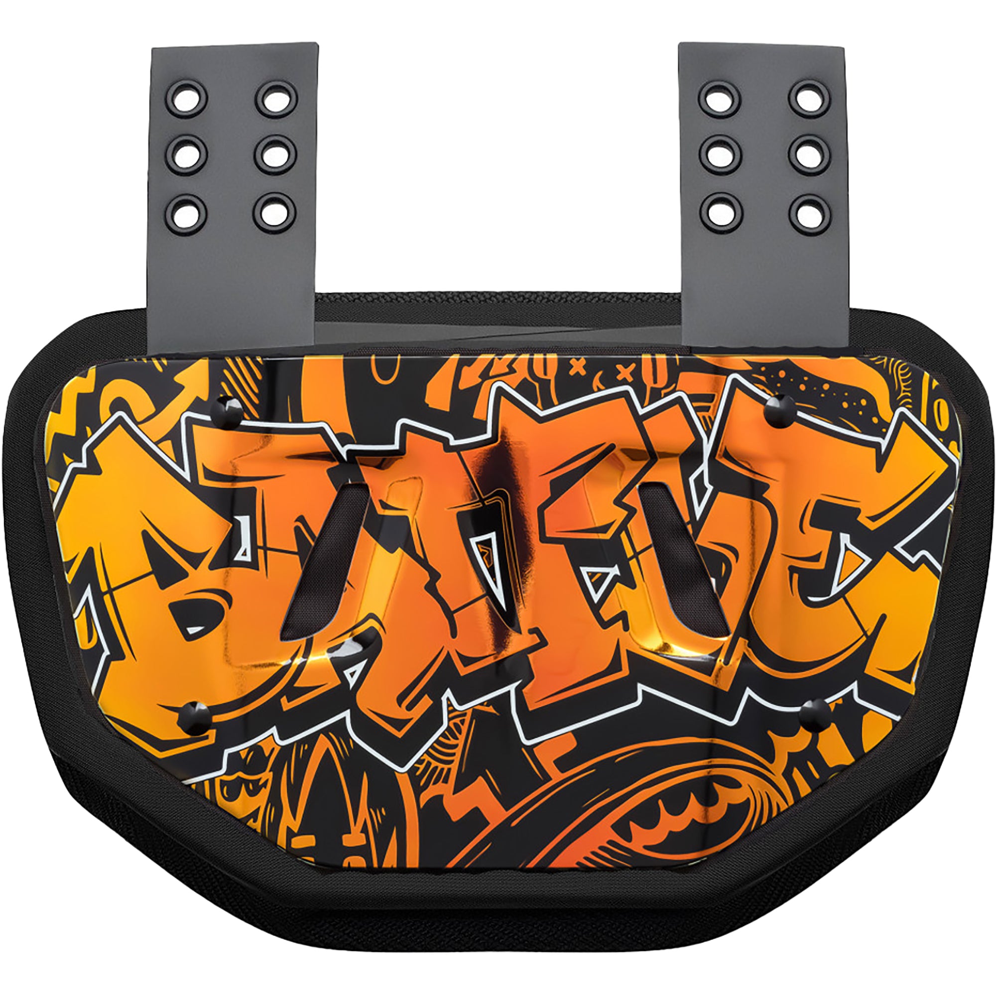 Chrome football back plate with orange and black design on a white background
