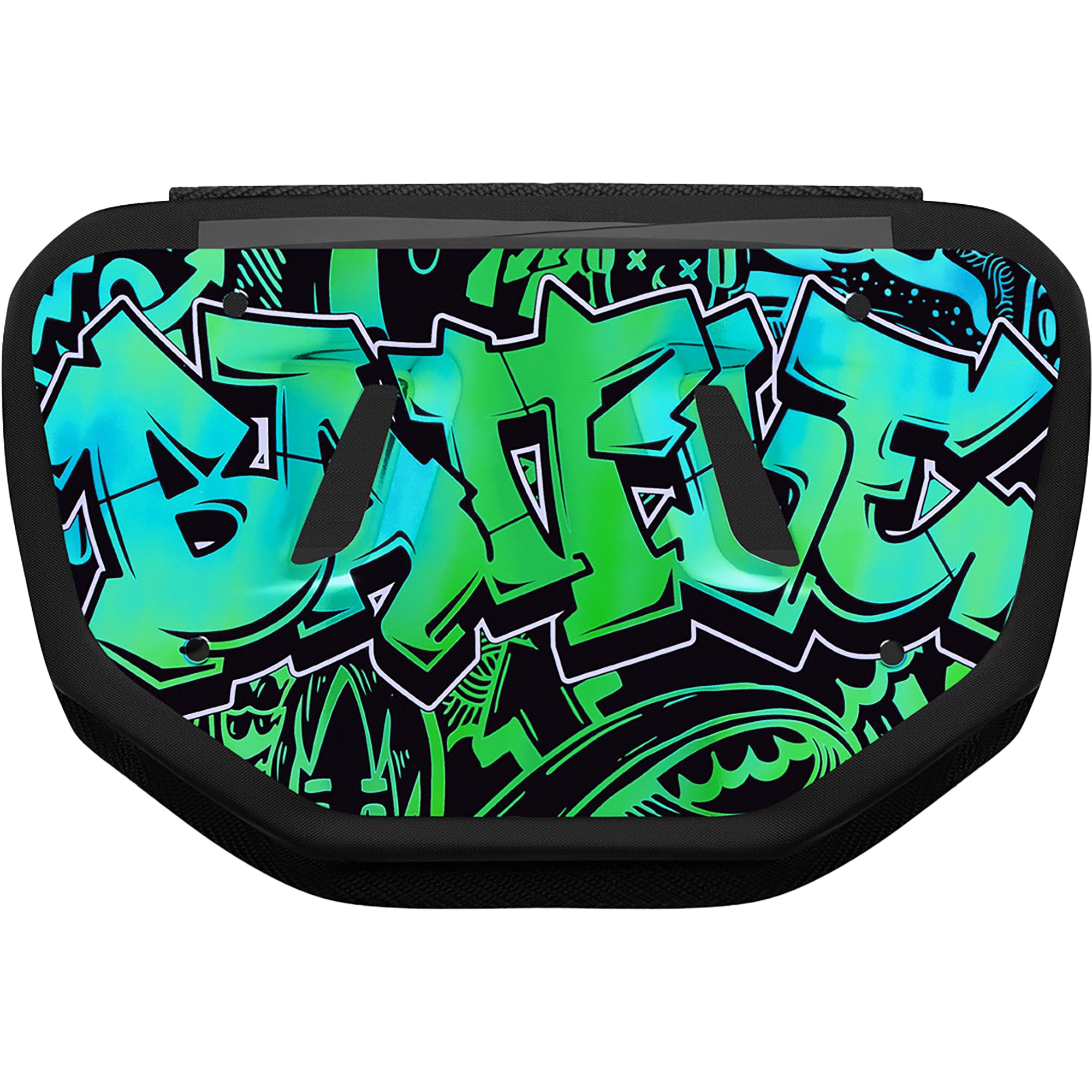 Graffiti-style text on a black background chrome football back plate with a colorful gradient