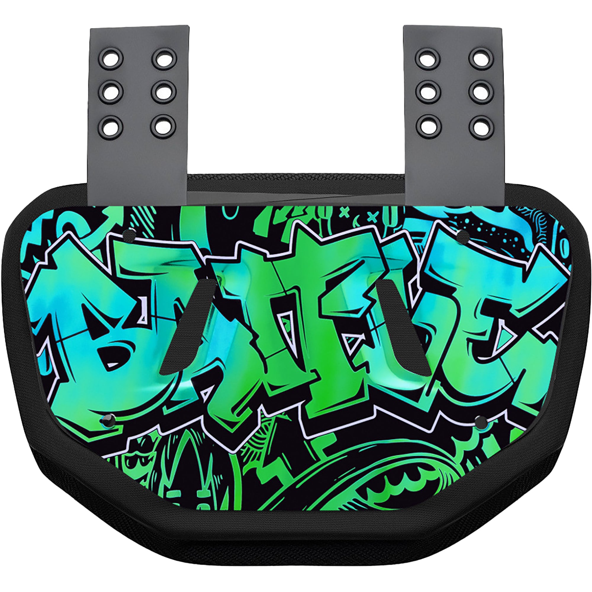 Chrome football back plate with vibrant green and blue graffiti-style text design on a black background
