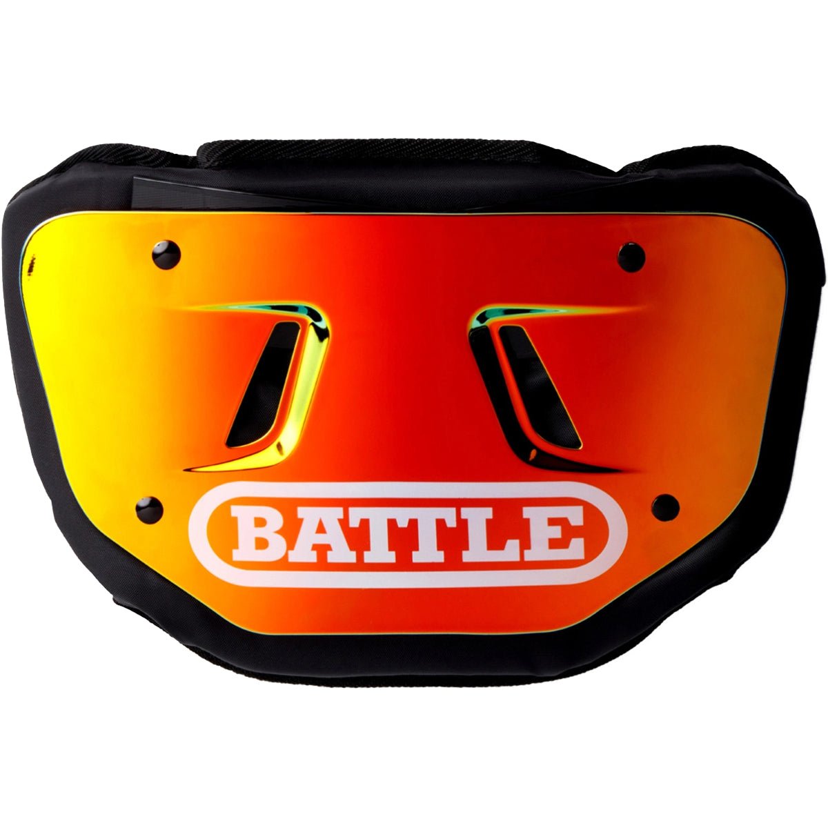 Orange and black battle sports protective football back plate with 'BATTLE' branding on a white background
