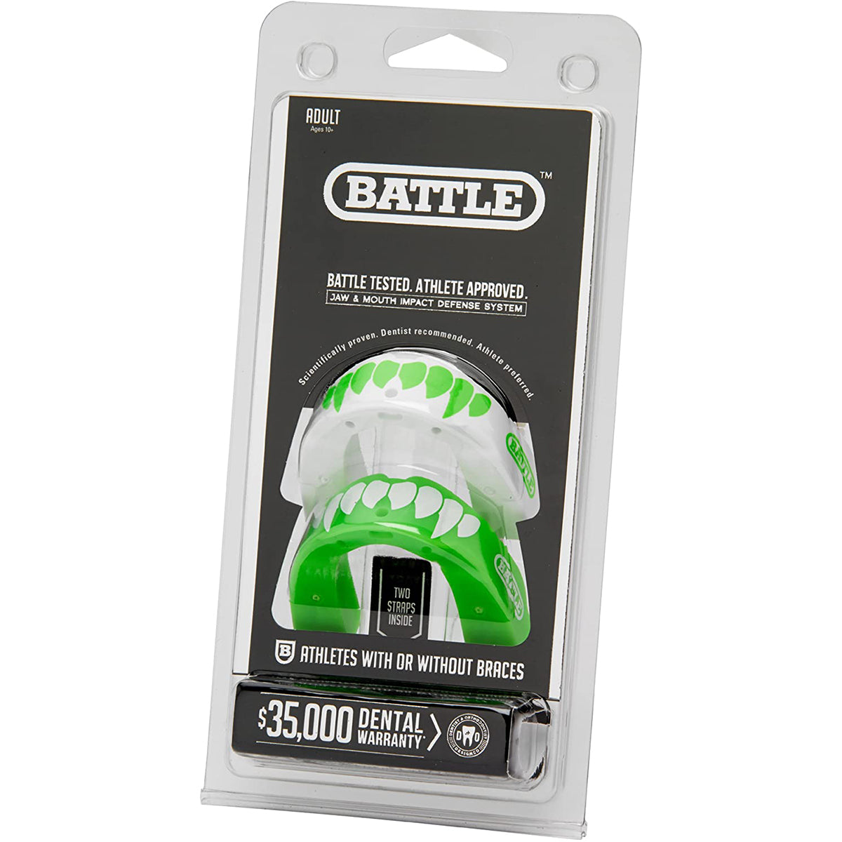 Green and white mouthguard in packaging with Battle brand branding.