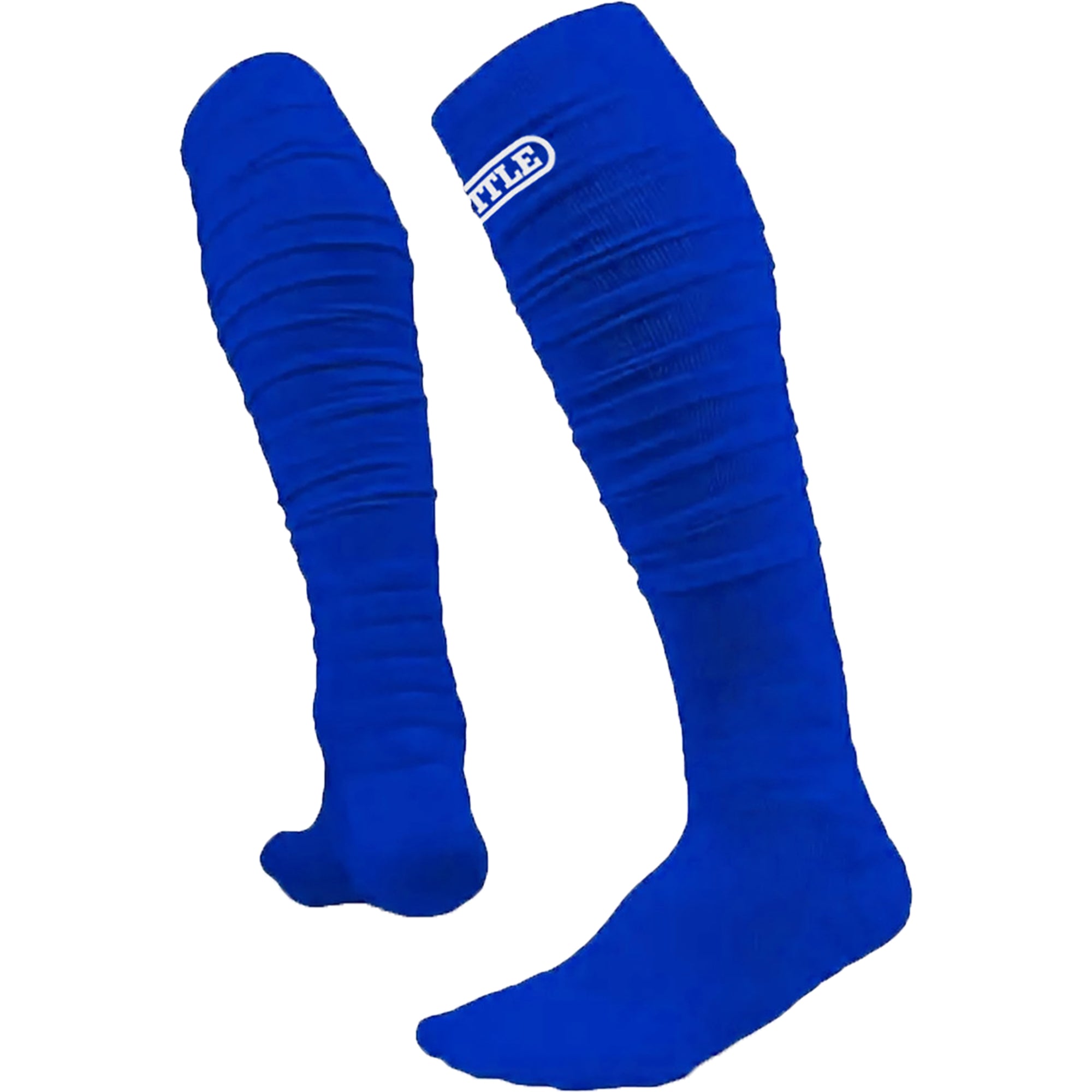 Pair of blue knee-high long football socks with a brand logo on a white background