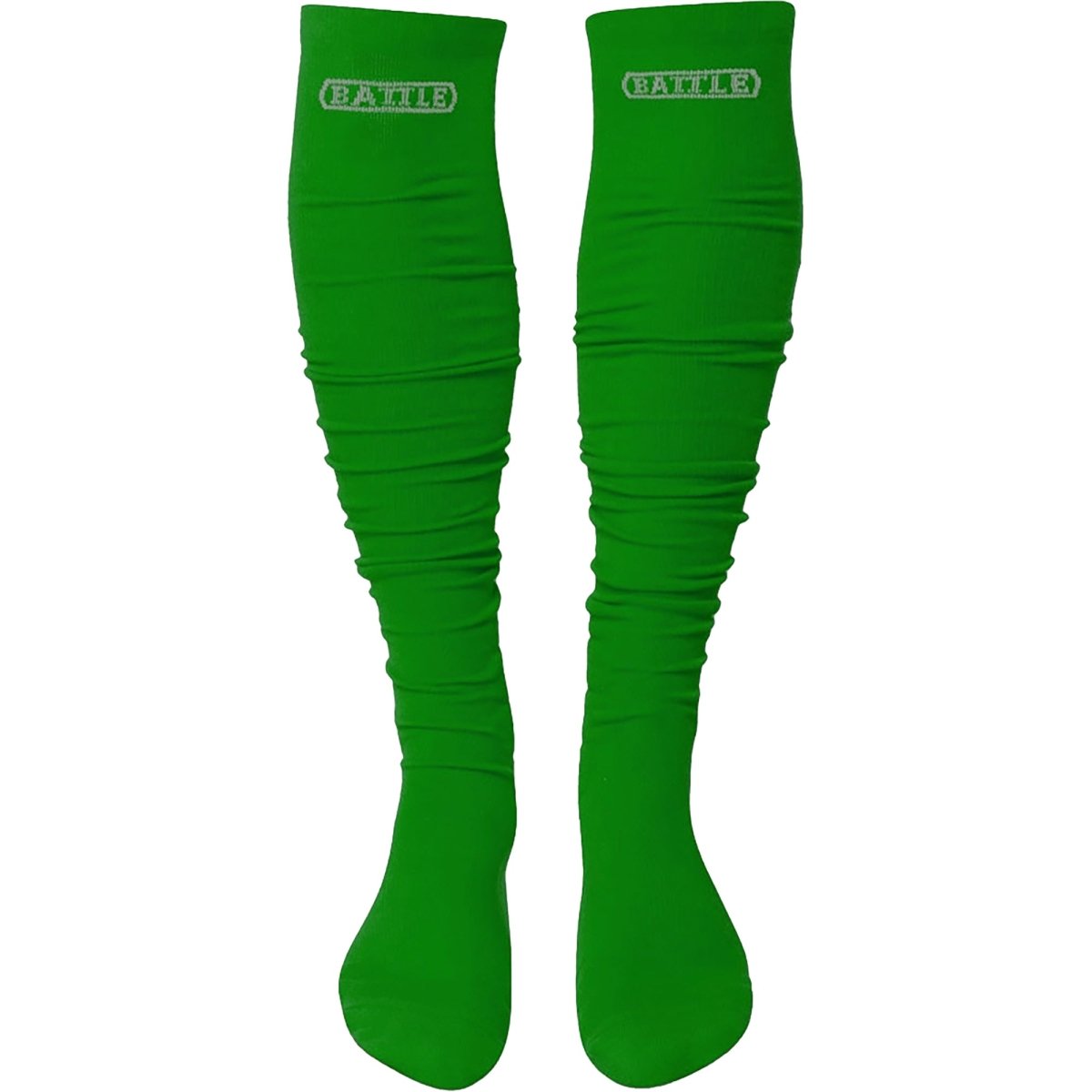 Green knee-high long football socks with 'Battle' branding on a white background