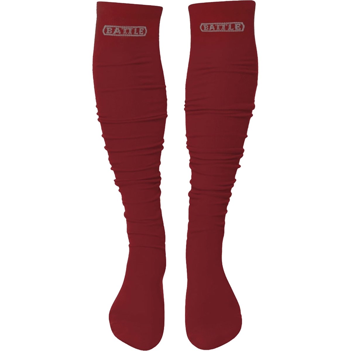Red knee-high long football socks with 'BATTLE' branding on a white background