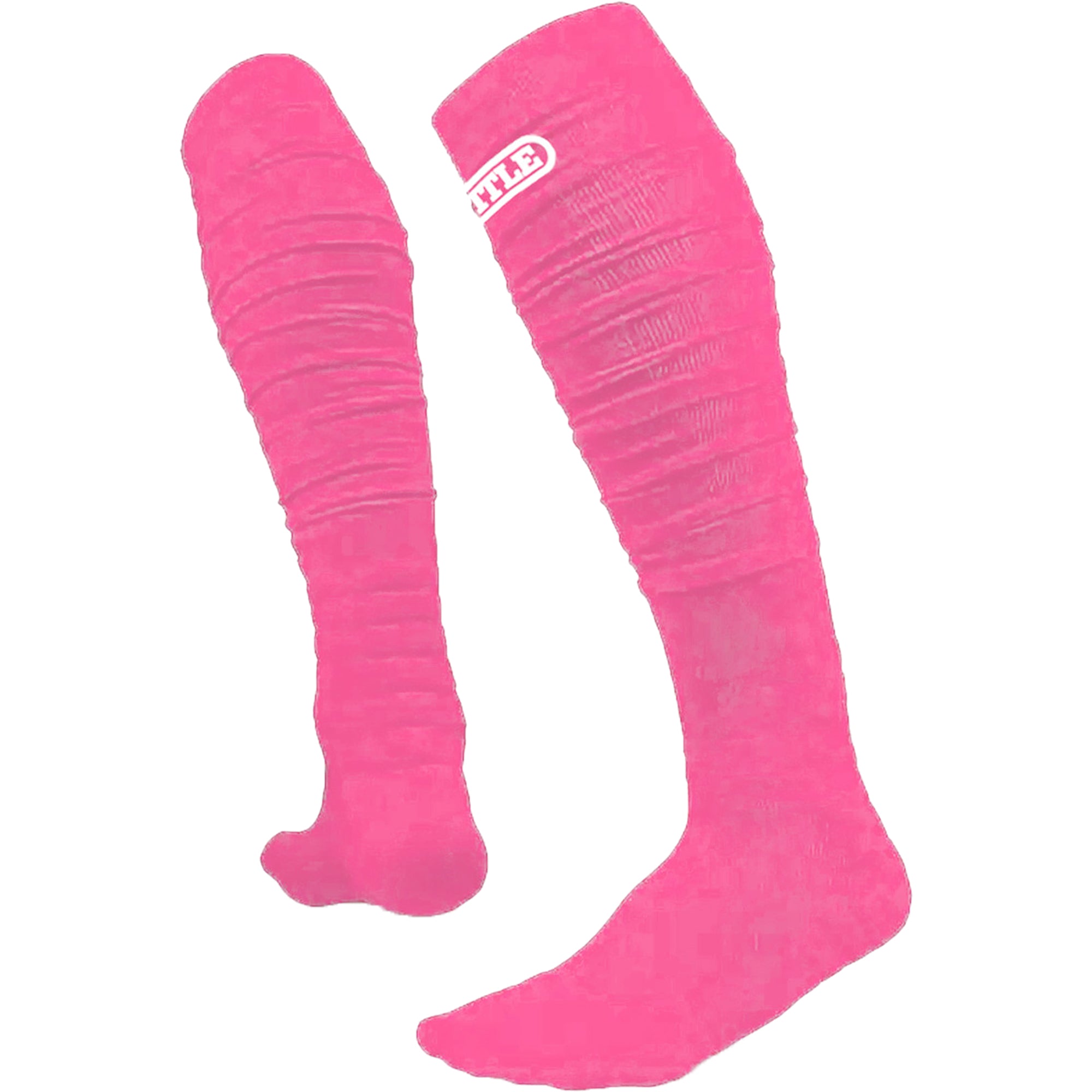 Pair of pink knee-high long football socks with a brand logo on a white background
