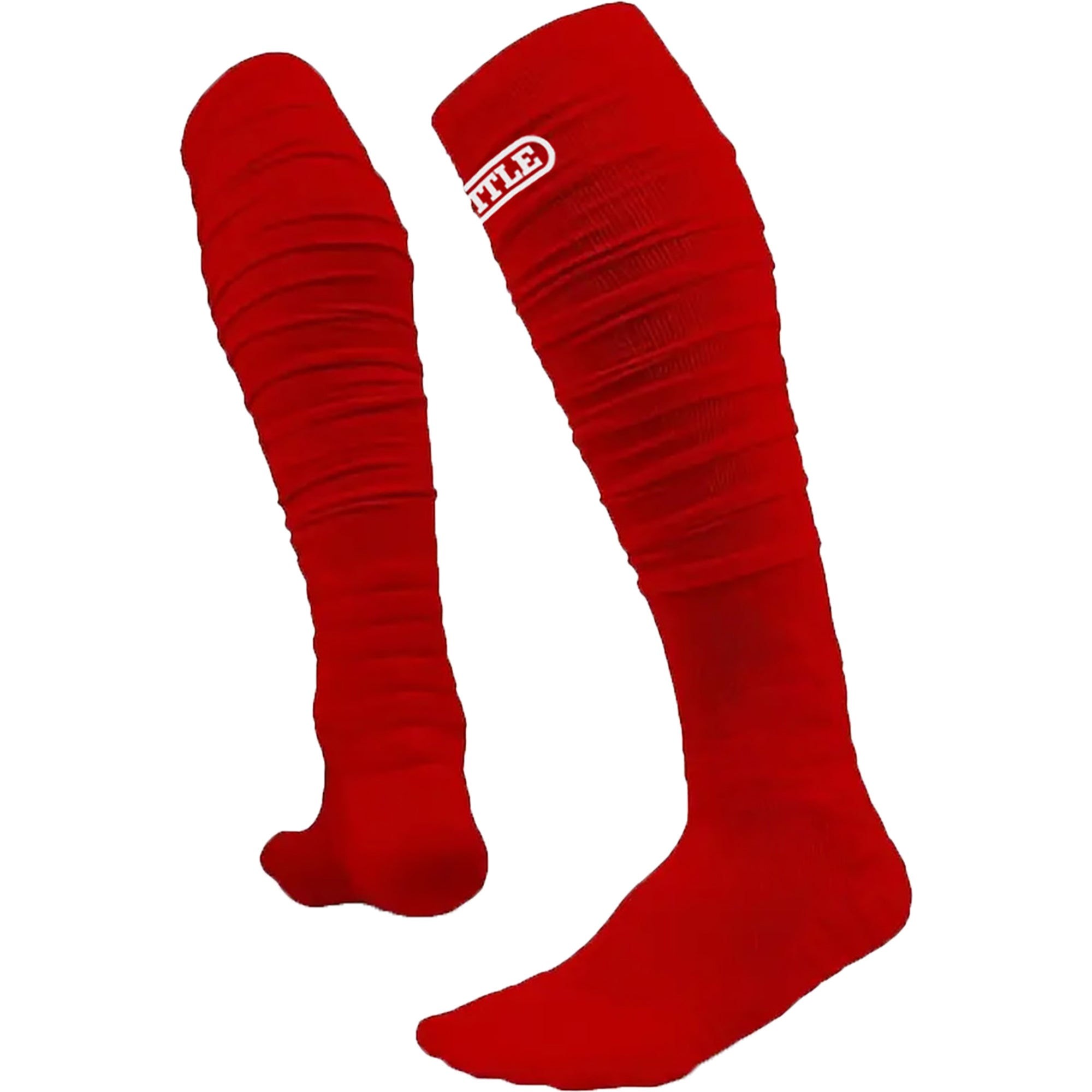 Red knee-high long football socks with a brand logo on a white background