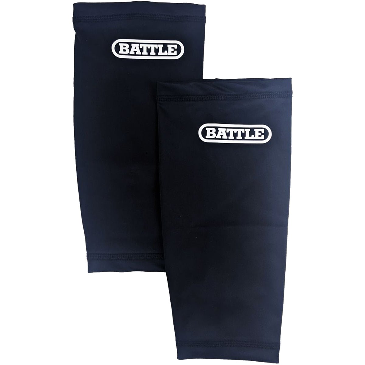 Pair of navy blue football full leg sleeves with 'BATTLE' branding on a white background
