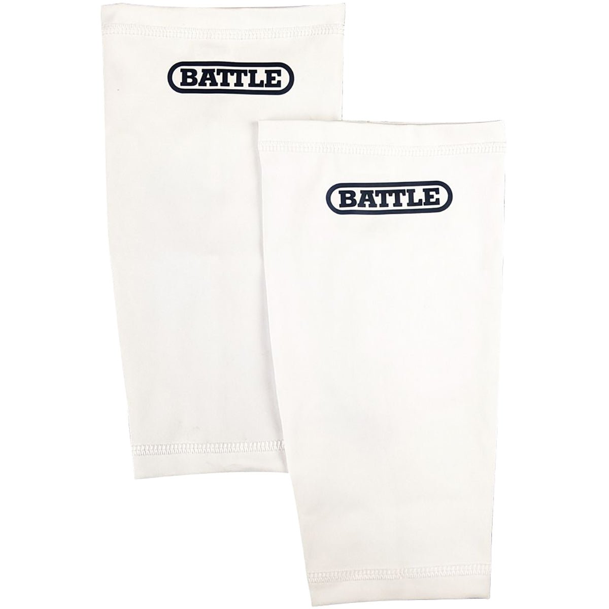 Pair of white football full leg sleeves with 'BATTLE' branding on a white background
