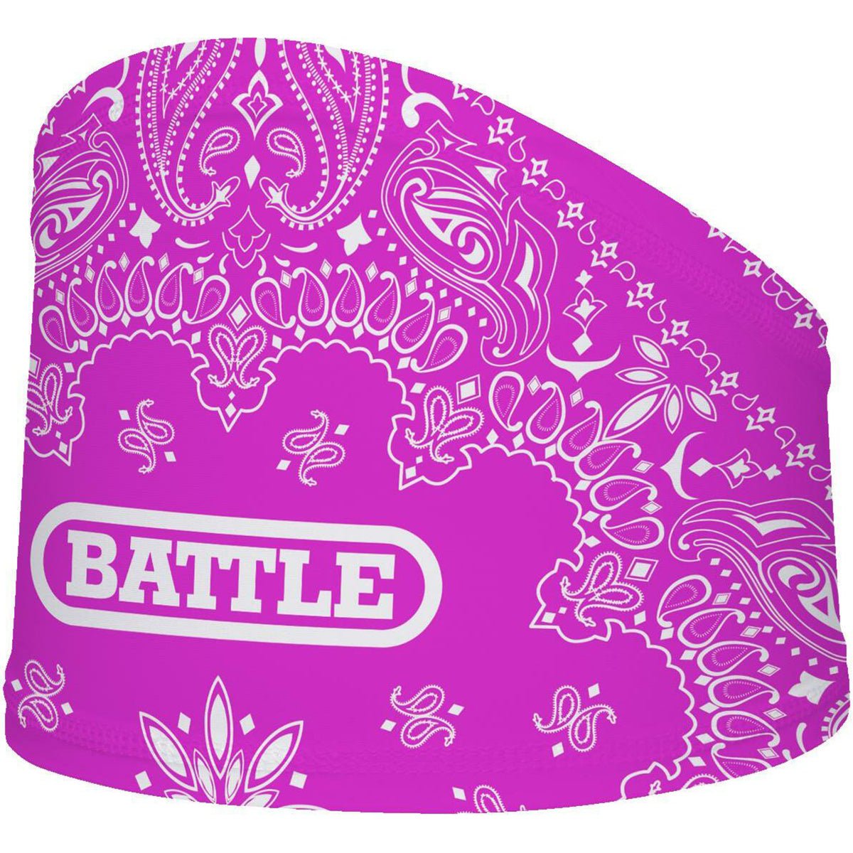 Purple bandana football skull wrap with white paisley pattern and 'BATTLE' logo on a white background