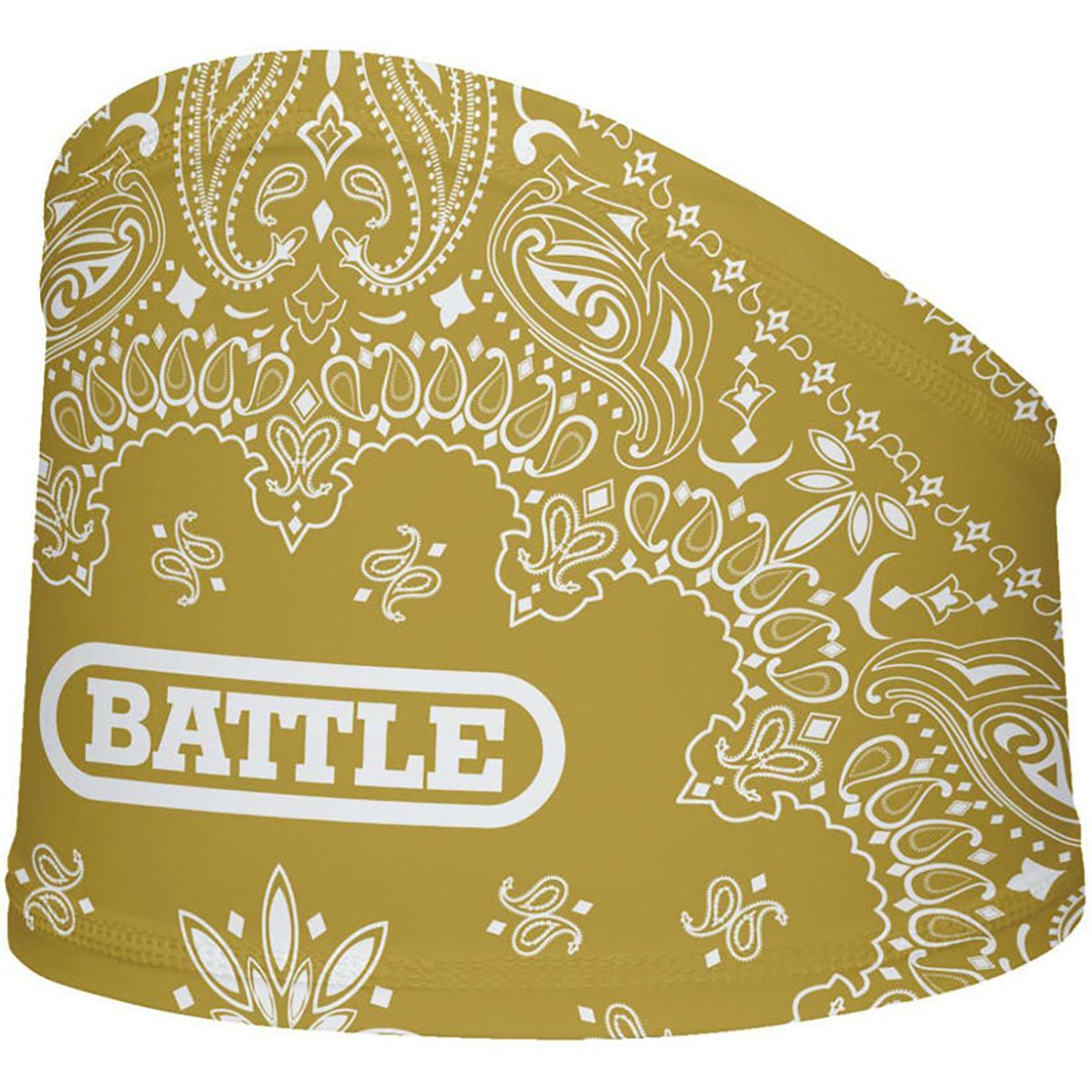 Gold bandana football skull wrap with white paisley pattern and 'BATTLE' logo on a white background