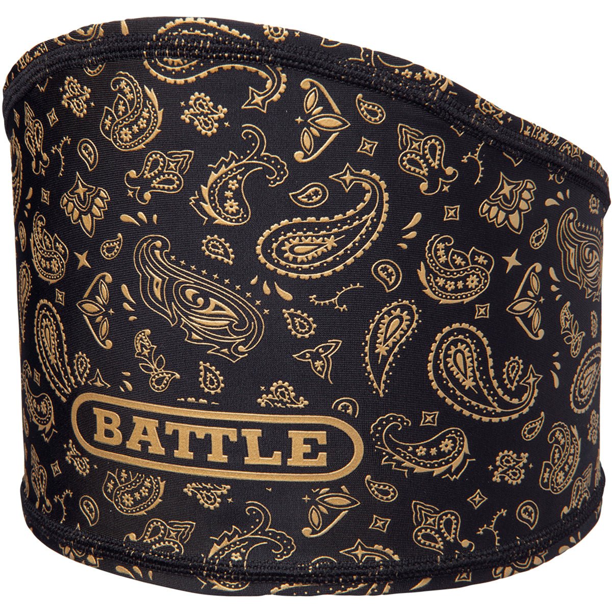 Black headband football skull wrap with gold paisley pattern and 'BATTLE' branding on a white background