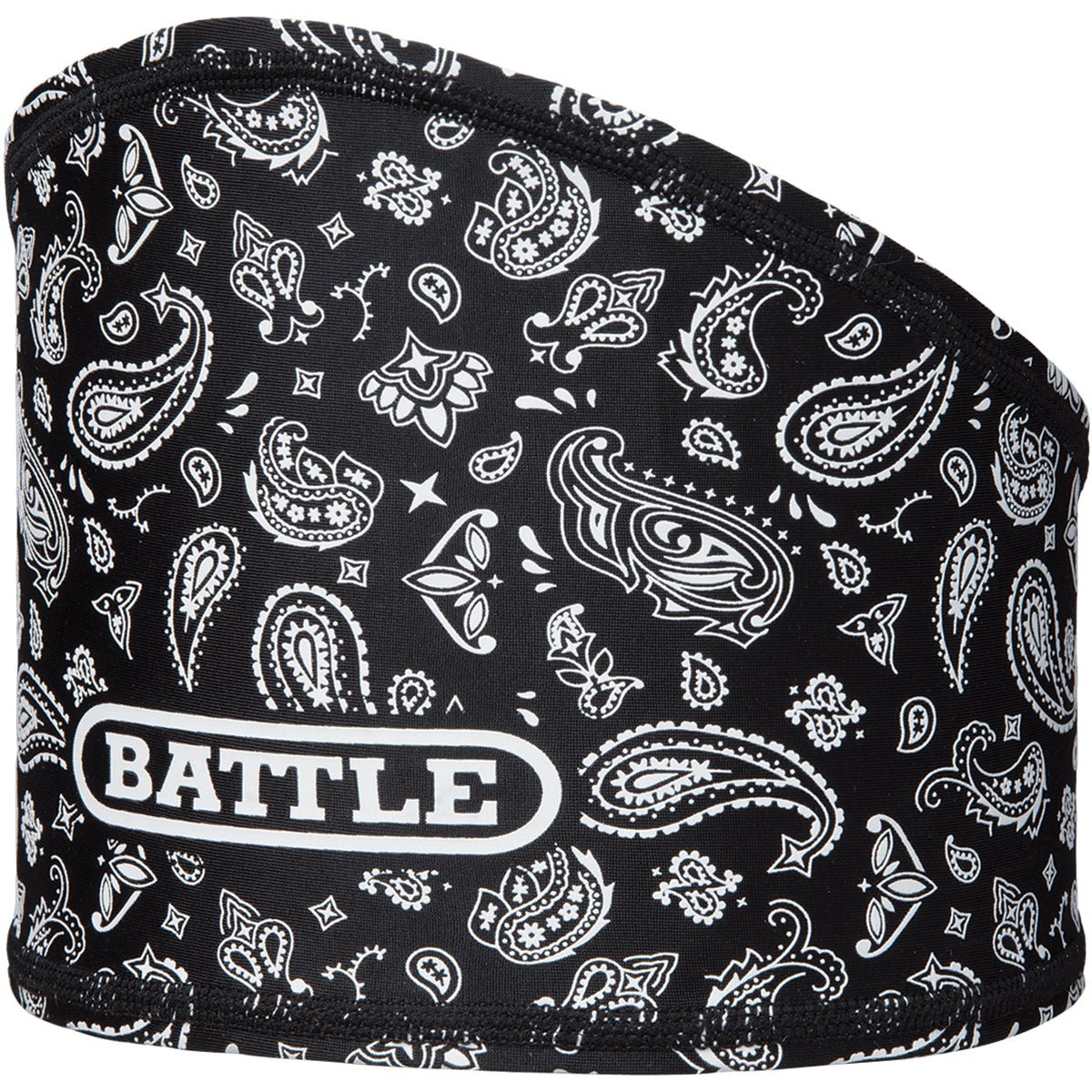 Black headgear football skull wrap with white paisley pattern and 'BATTLE' logo on a white background